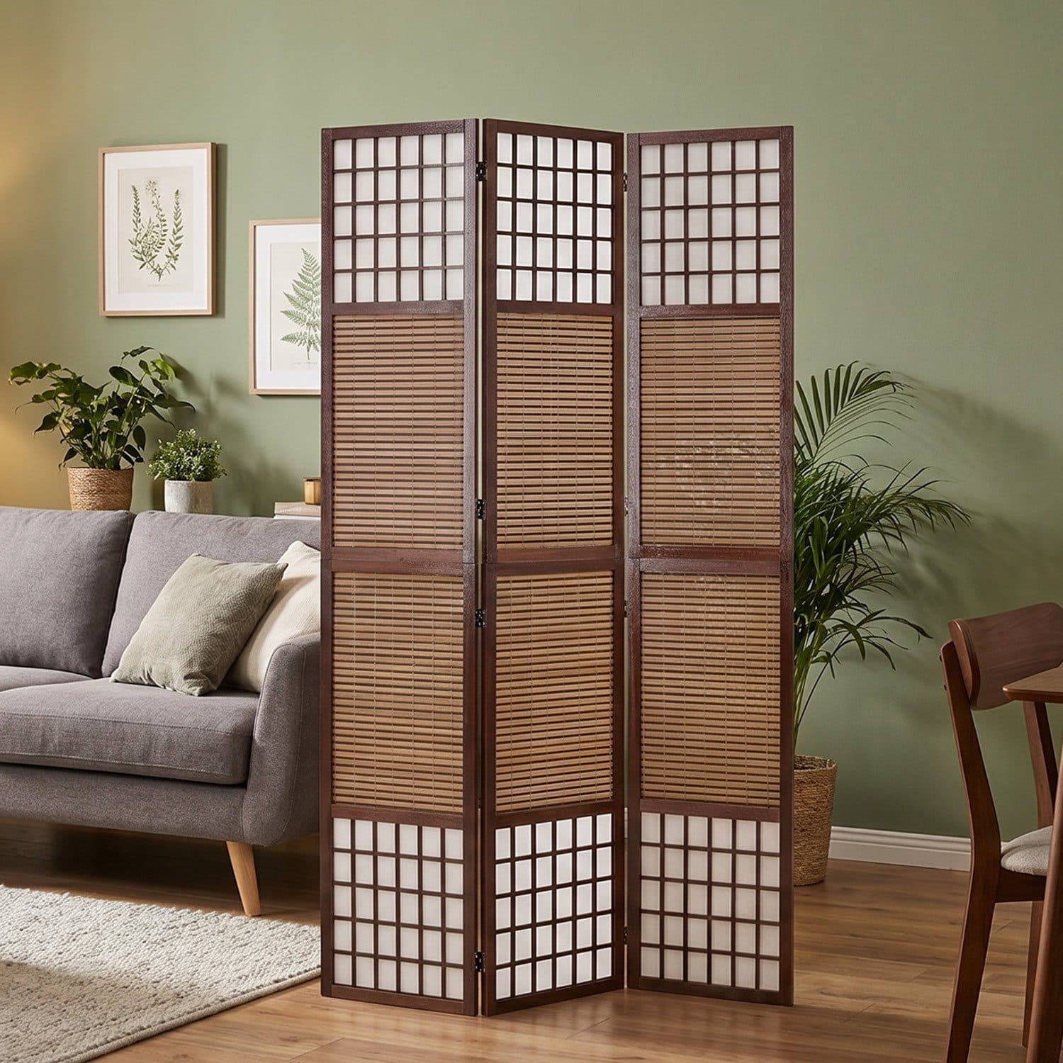 Homestyle4u Paravent Raumteiler 3-teilig Braun Weiß Holz Bambus - Bild 2