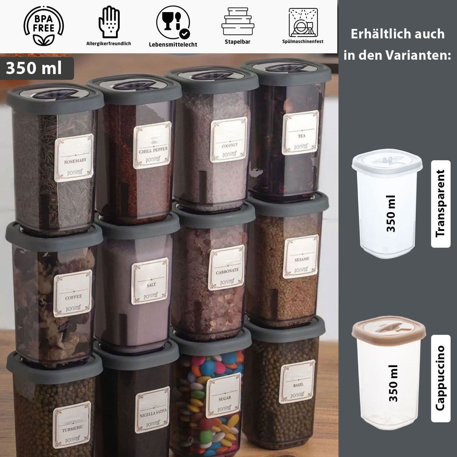 Jungengel Gewürzbehälter Set 12-tlg. Anthrazit/Cappuccino/Transparent BPA-frei - Bild 2