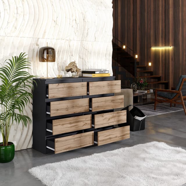 Furnica Kommode Sideboard Anthrazit/Wotan Eiche 8 Schubladen