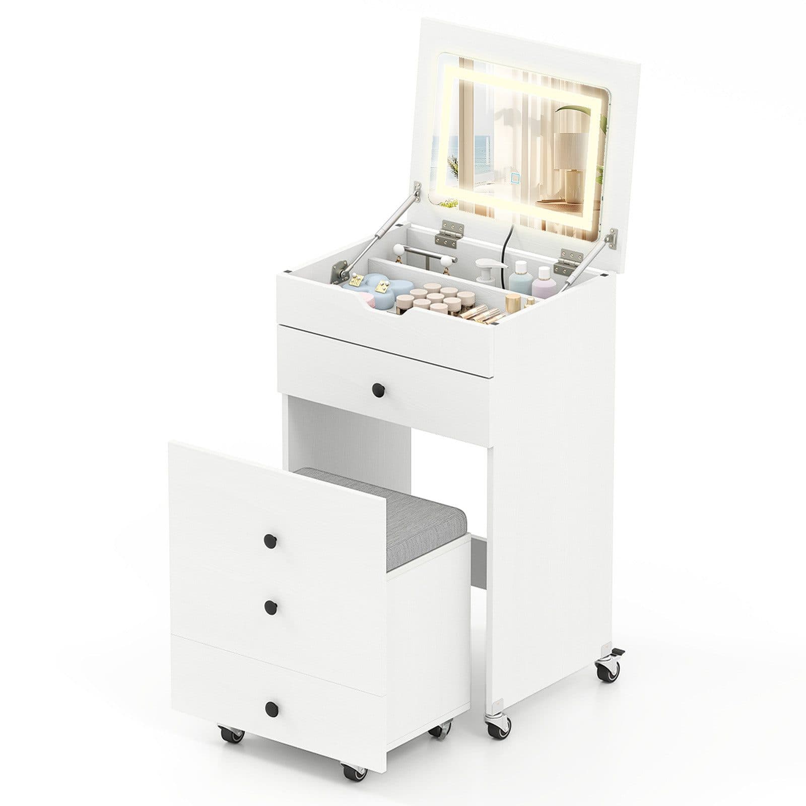 COSTWAY Schminktisch mit LED Klappspiegel und Hocker