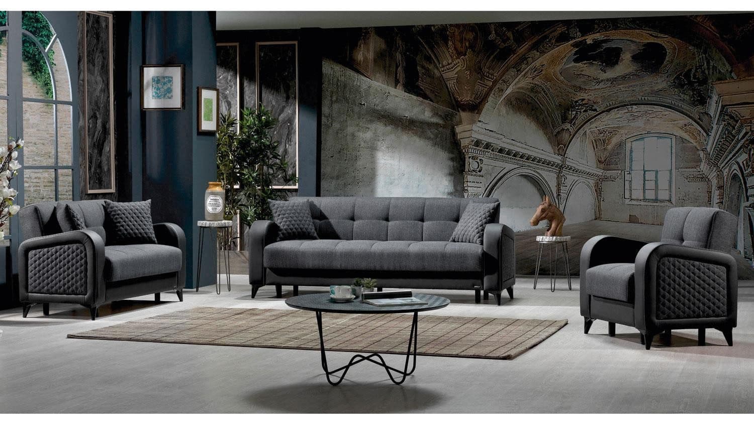 Möbel Akut Polstergarnitur River 3-teilig Dunkelgrau Schwarz Bettfunktion