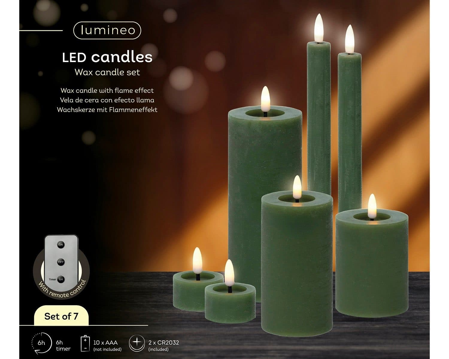 Lumineo LED-Christbaumkerzen 7er-Set Grün mit Flacker-Effekt und Fernbedienung - Bild 2