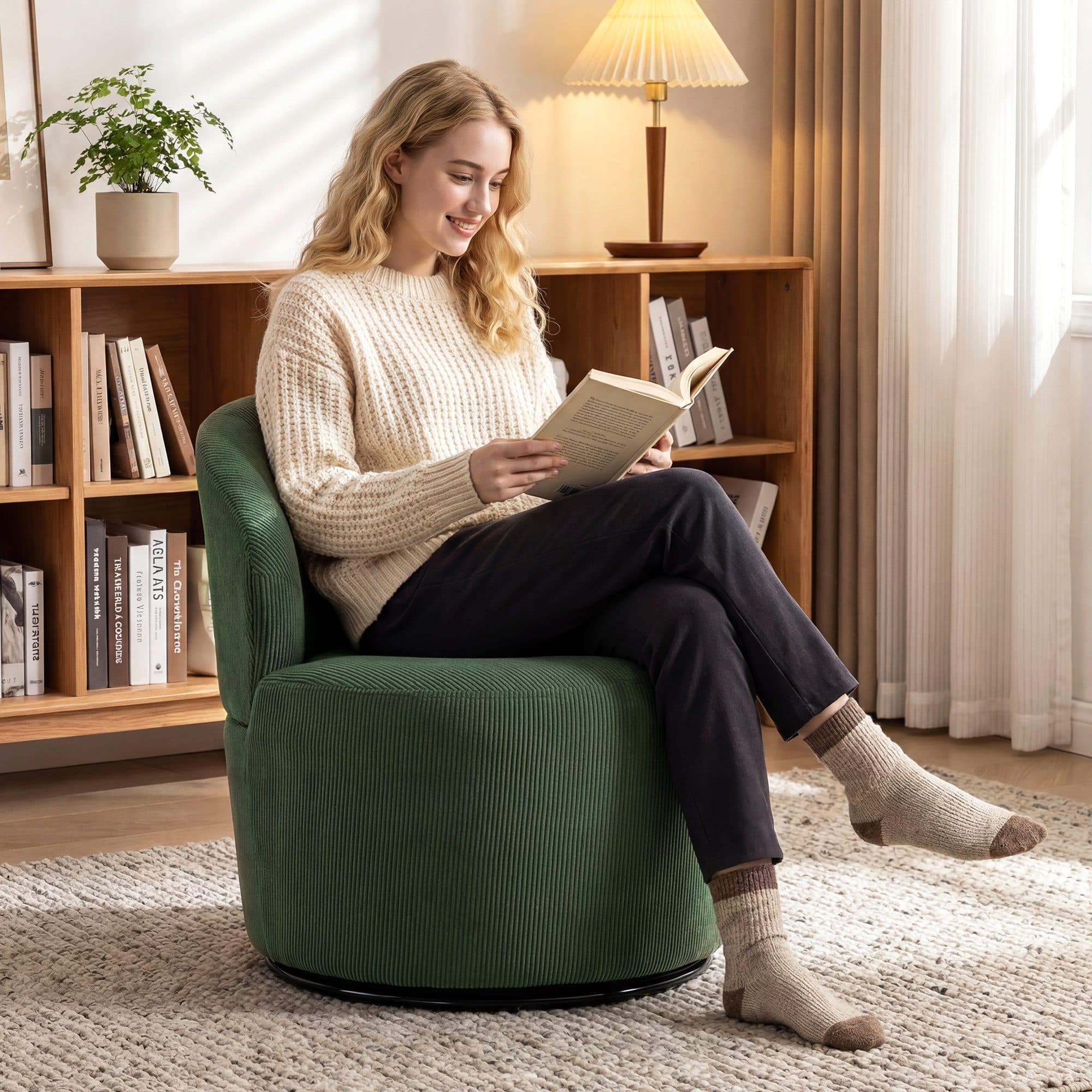 HOMCOM Sessel Breiter Sitz Relaxsessel 360° drehbar Grün Cordstoff - Bild 2