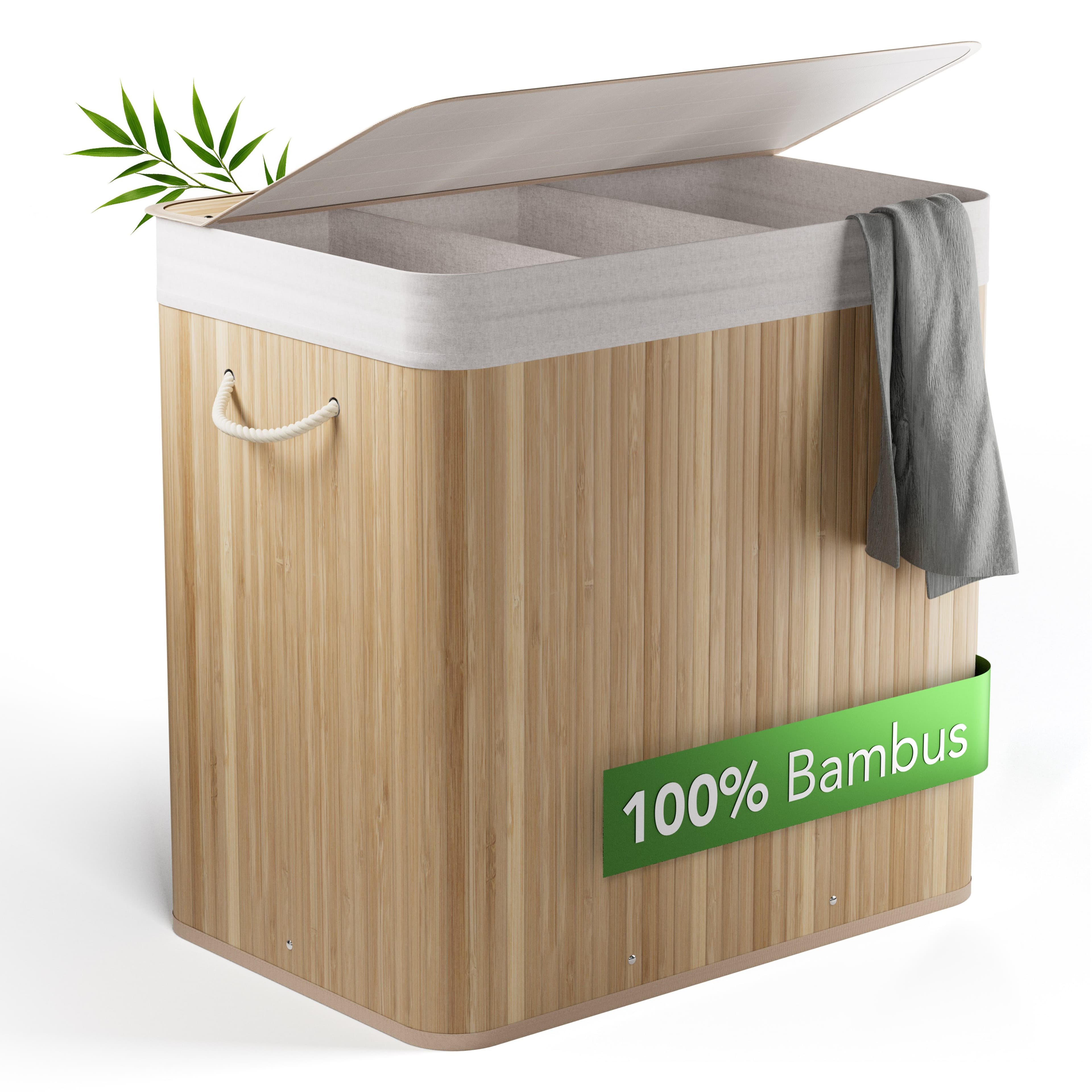 New Habitat Wäschekorb Bambus 3 Fächer 150L mit Deckel - Bild 2