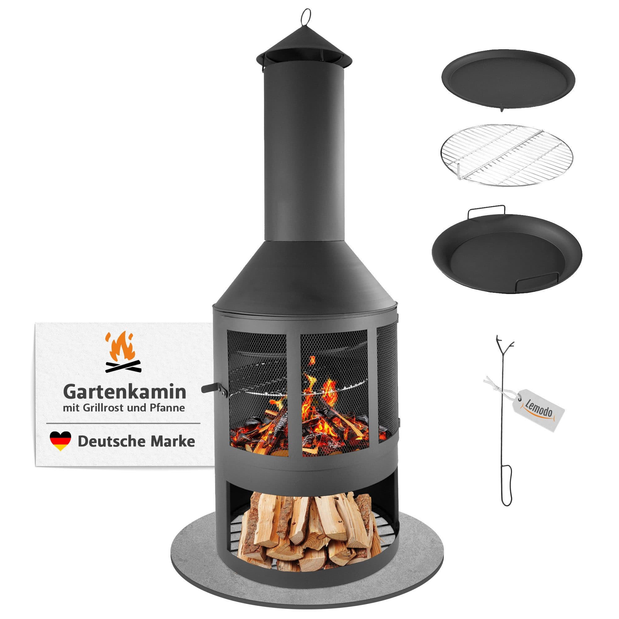 Lemodo Gartenkamin Terrassenofen mit Grillrost und Pfanne Schwarz - Bild 2