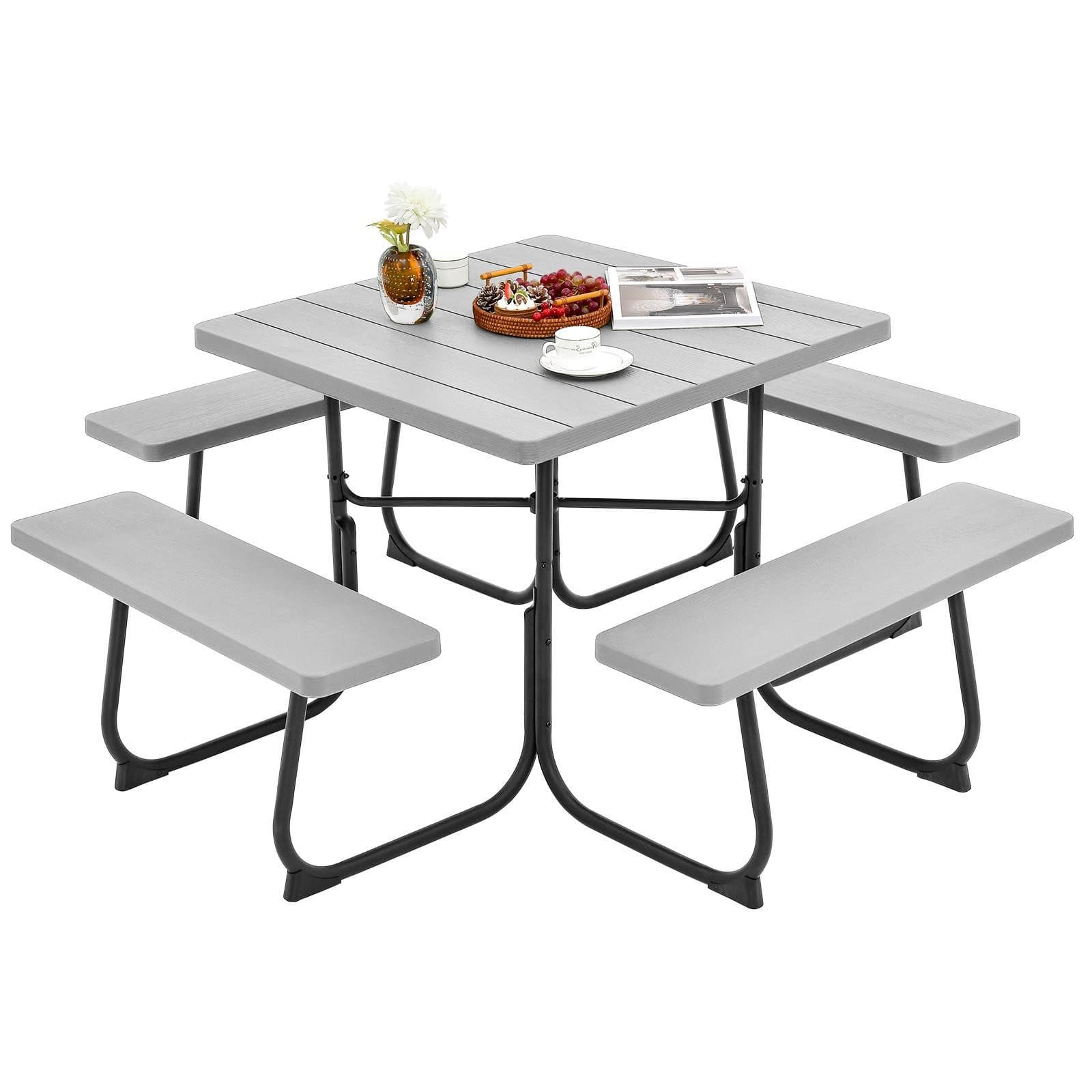 KOMFOTTEU Picknicktisch Set Grau Schwarz Weiß für 8 Personen - Bild 2
