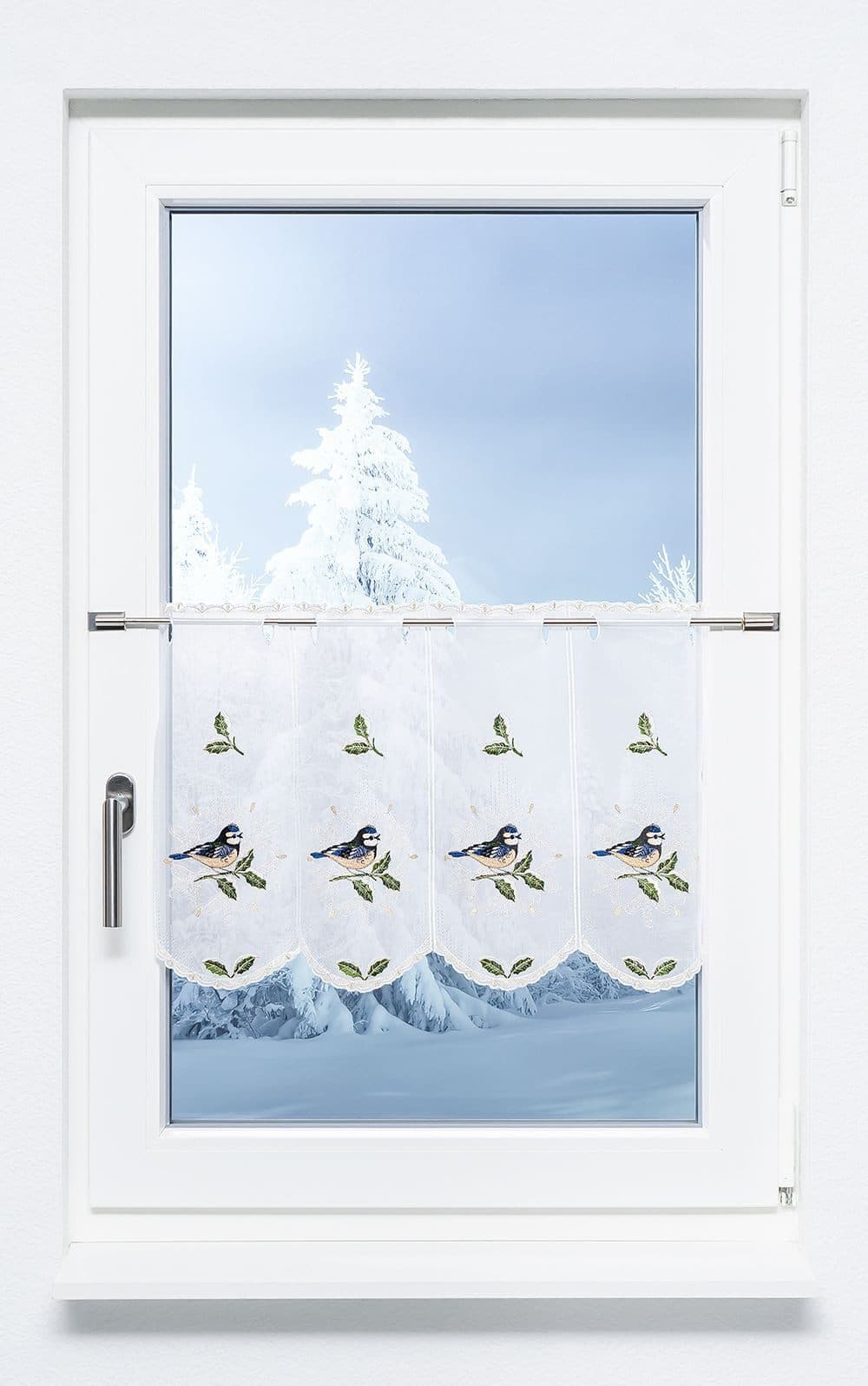 Plauener Spitze® Scheibengardine Blaumeise Schneeflocke Transparent - Bild 2