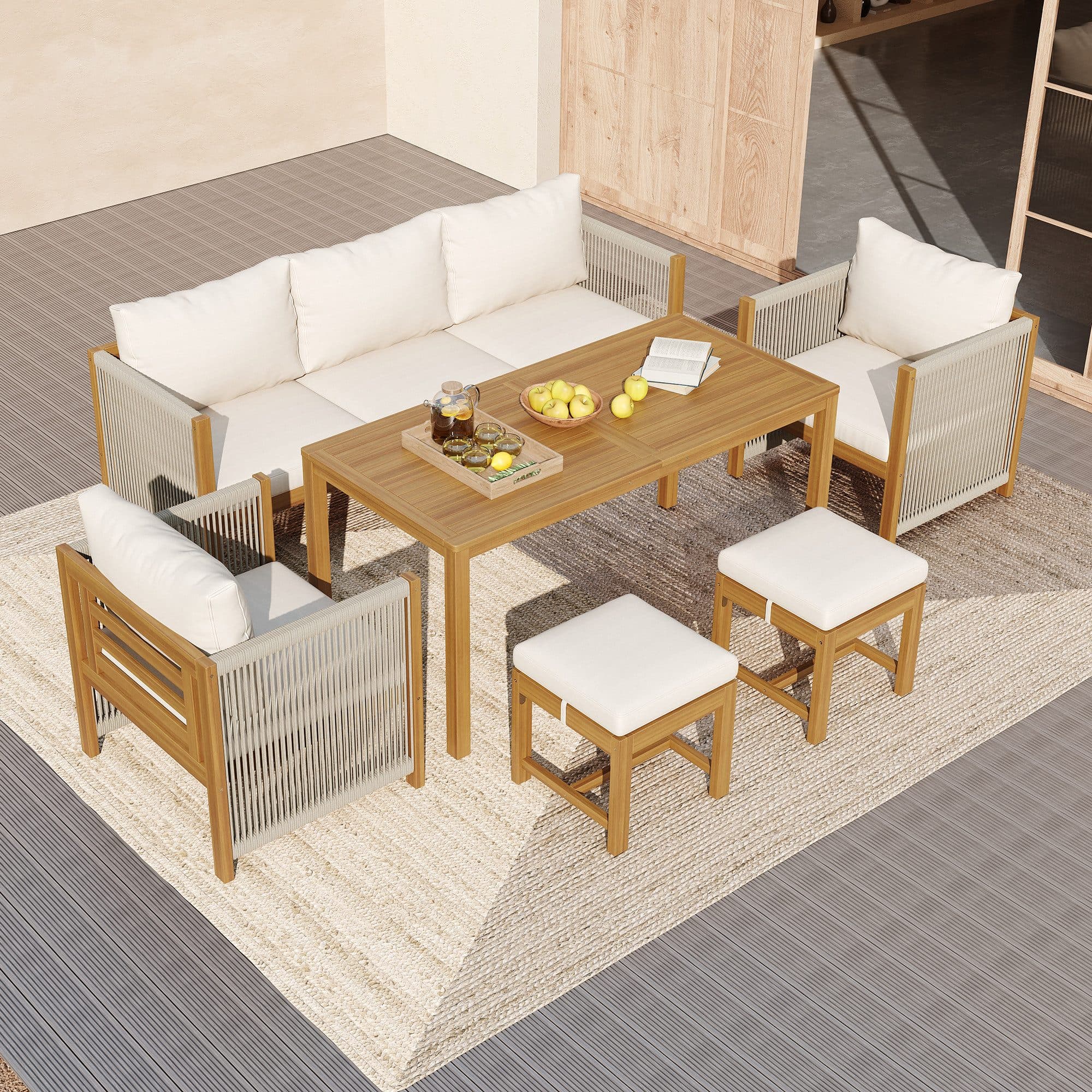 KLAM HOME Gartenlounge-Set 6-tlg. Beige mit Akazienholz-Tischplatte - Bild 2