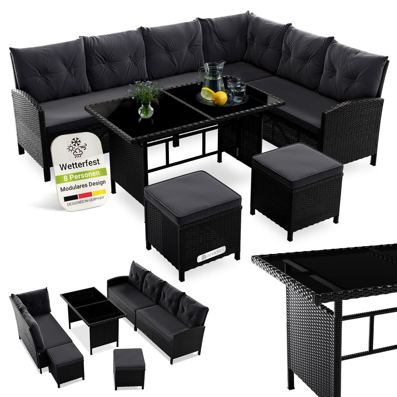 Juskys Gartenlounge-Set Manacor Schwarz Grau Poly Rattan - Bild 2