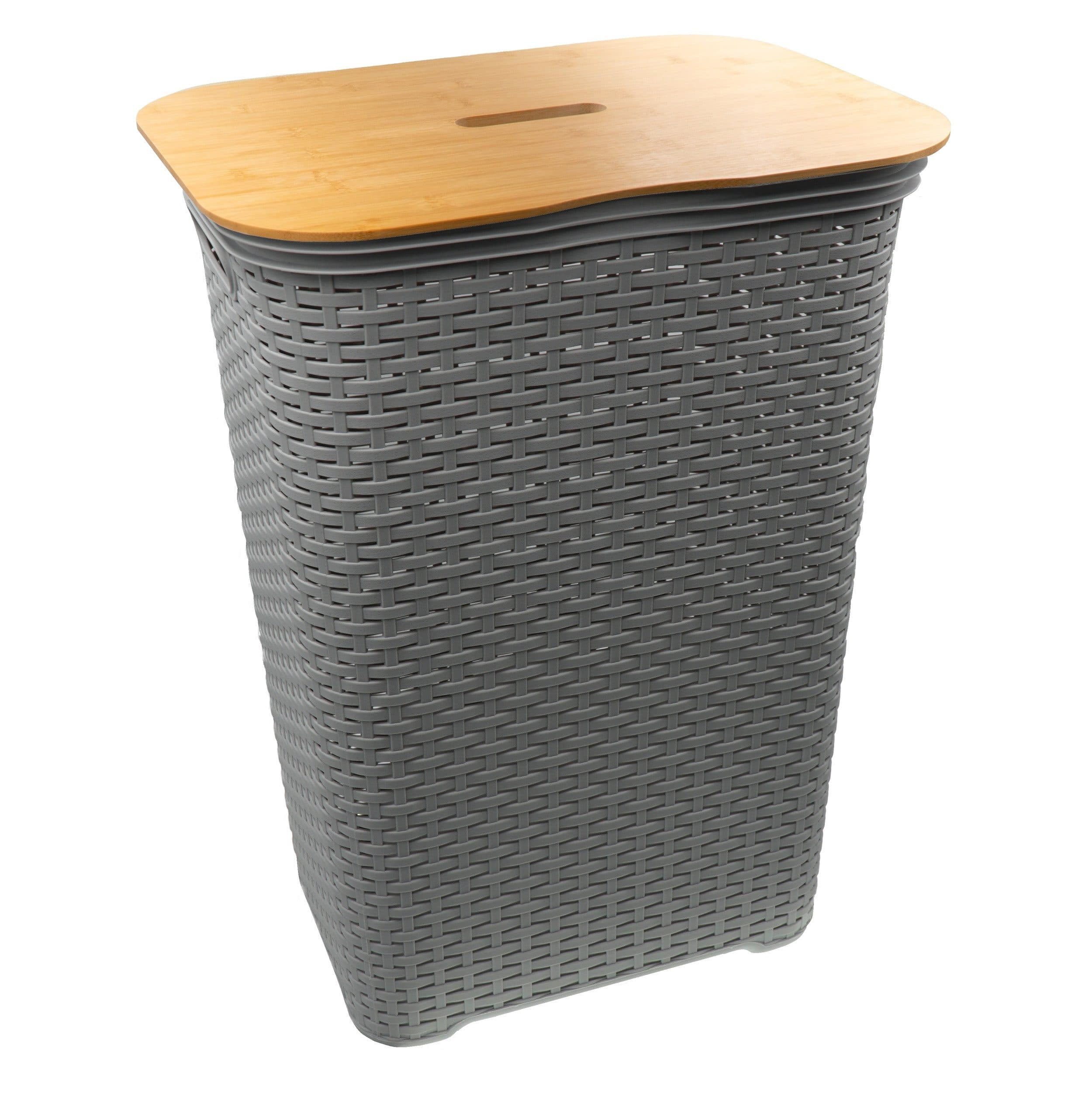 hrb Wäschekorb mit Bambusdeckel Grau Rattanoptik 65 Liter