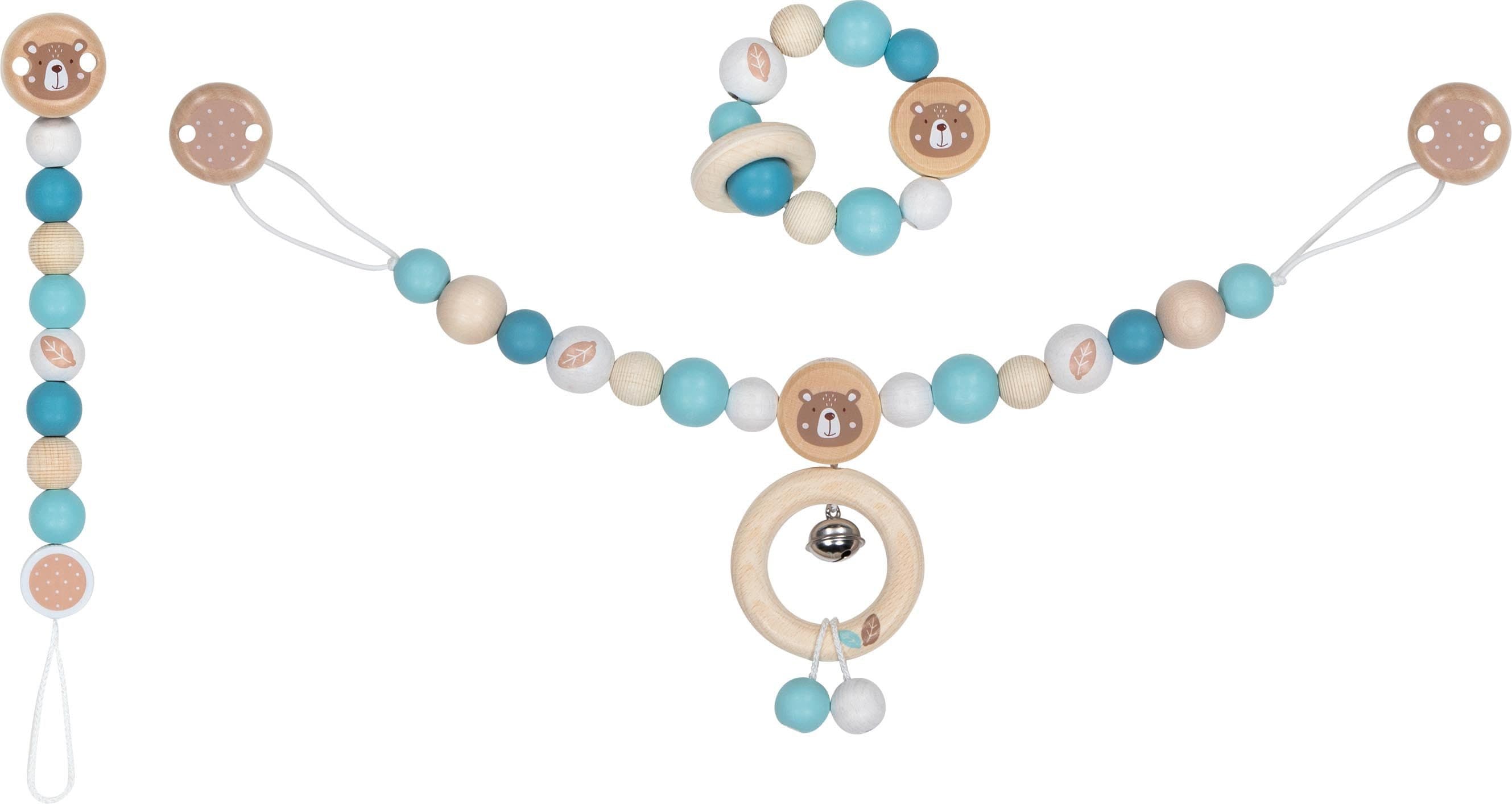 goki Baby Bären-Set 3-tlg. Türkis Holzspielzeug mit Schnullerkette