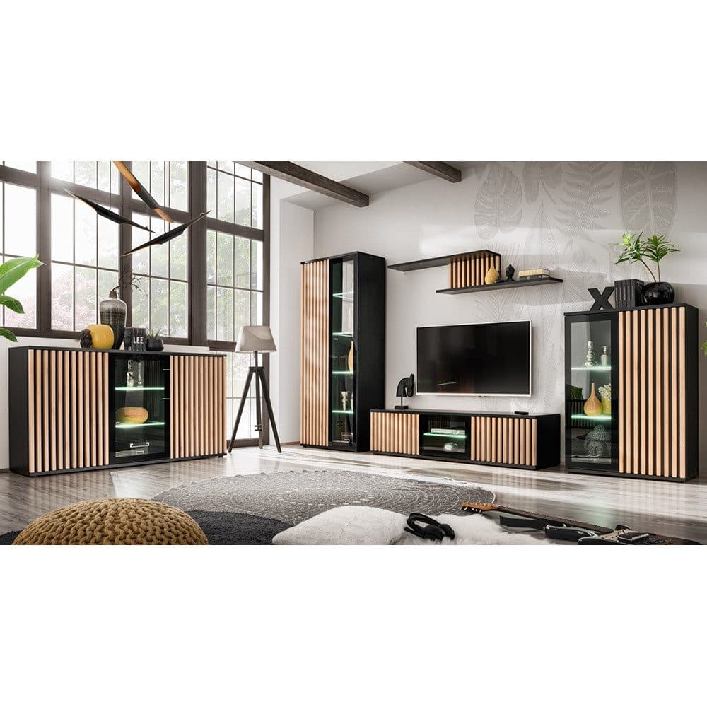 Lomadox Wohnzimmer-Set CATANZARO-164 Schwarz mit Hickory Eiche Lamellen & LED - Bild 2