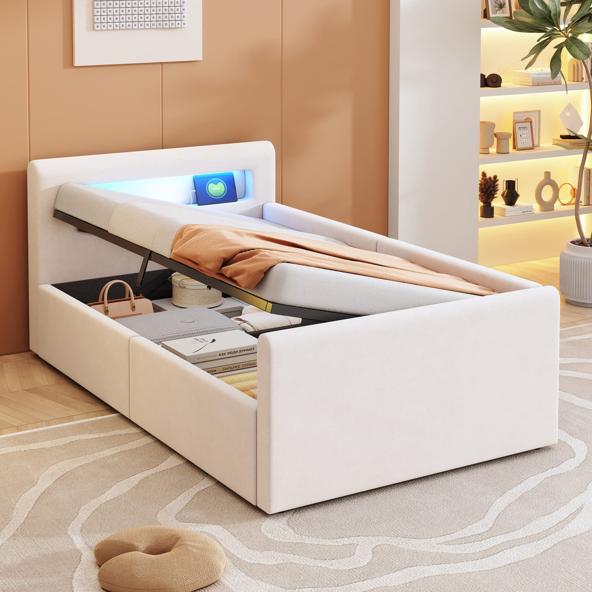 Merax Polsterbett mit hydraulischem Stauraum und Regal, Kinderbett 90x200cm mit LED USB-Anschluss Nachtlicht, Samt Einzelbett - Bild 2