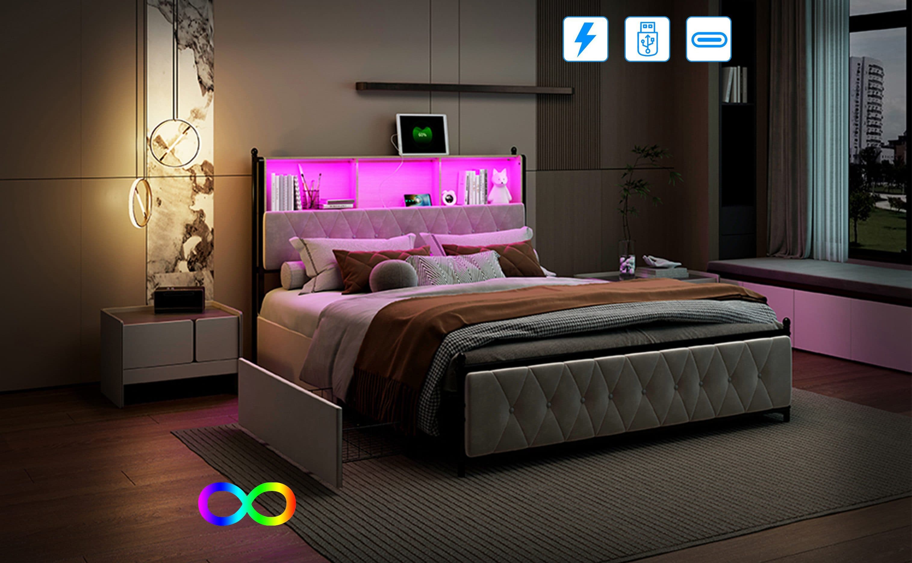 PXloue Polsterbett mit LED, USB & Stauraum - Bild 2