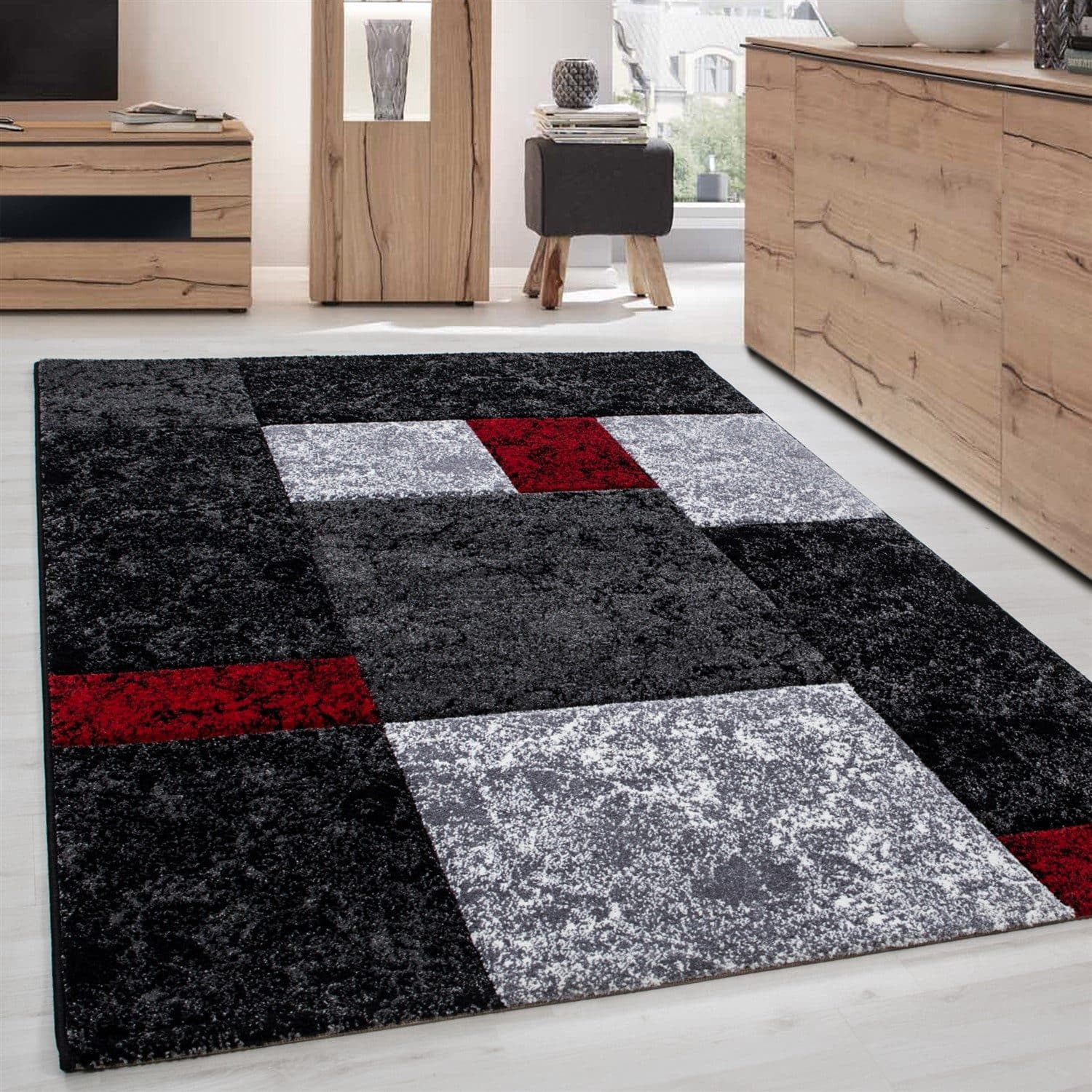 Carpettex Frisé-Teppich Kariert Design Rot Kurzflor - Bild 2