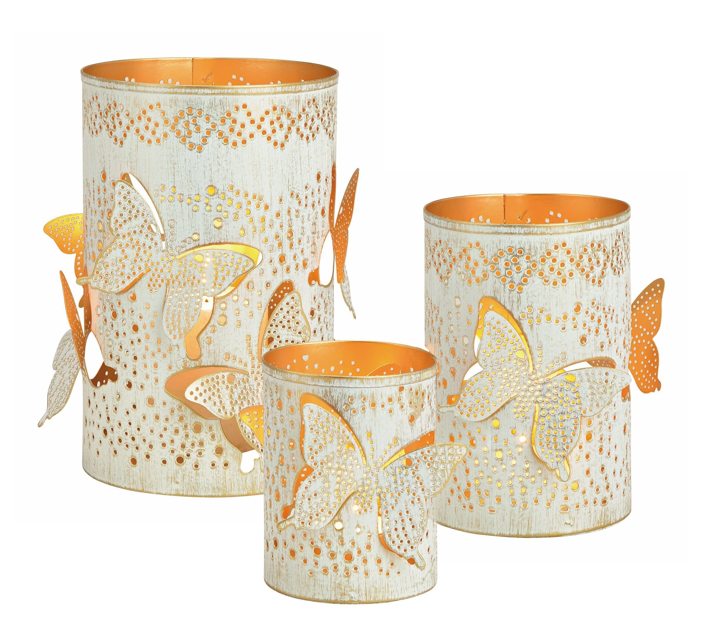 Spetebo Windlicht Metall 3D Schmetterling 3er Set Weiß/Gold