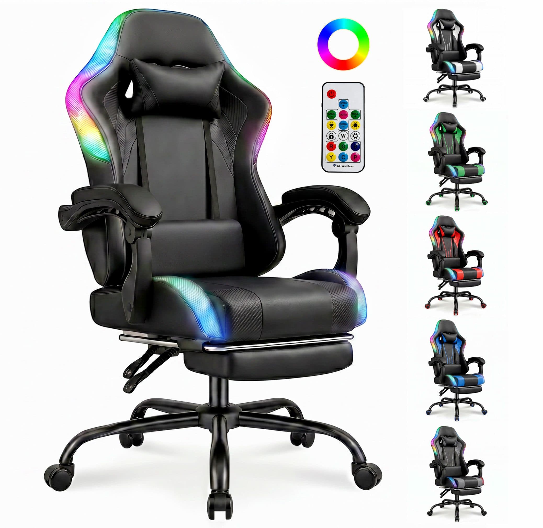 HOMALL Gaming-Stuhl mit LED, Ergonomisch, Fußstütze, Schwarz - Bild 2