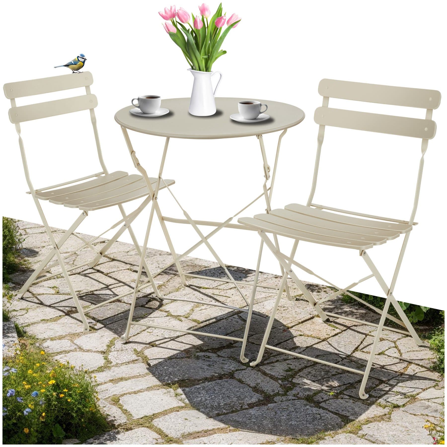 tectake Bistrotisch Set 3-tlg. Beige Klappbar Stahl - Bild 2