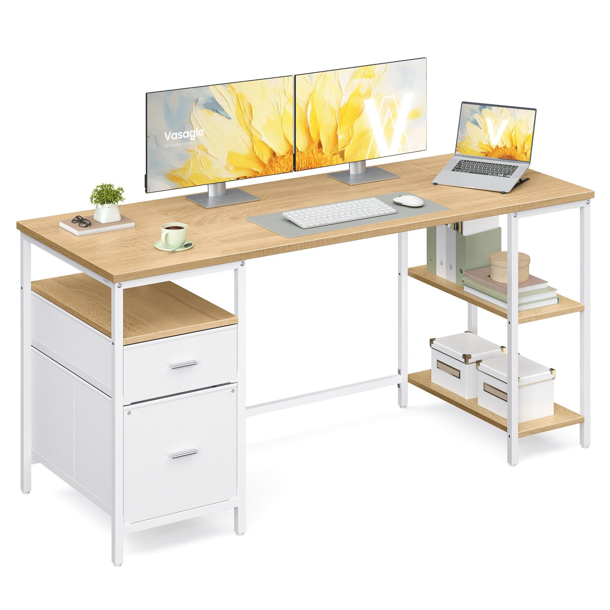 VASAGLE Schreibtisch Computertisch Bürotisch mit 3 Ablagen, 2 Schubladen