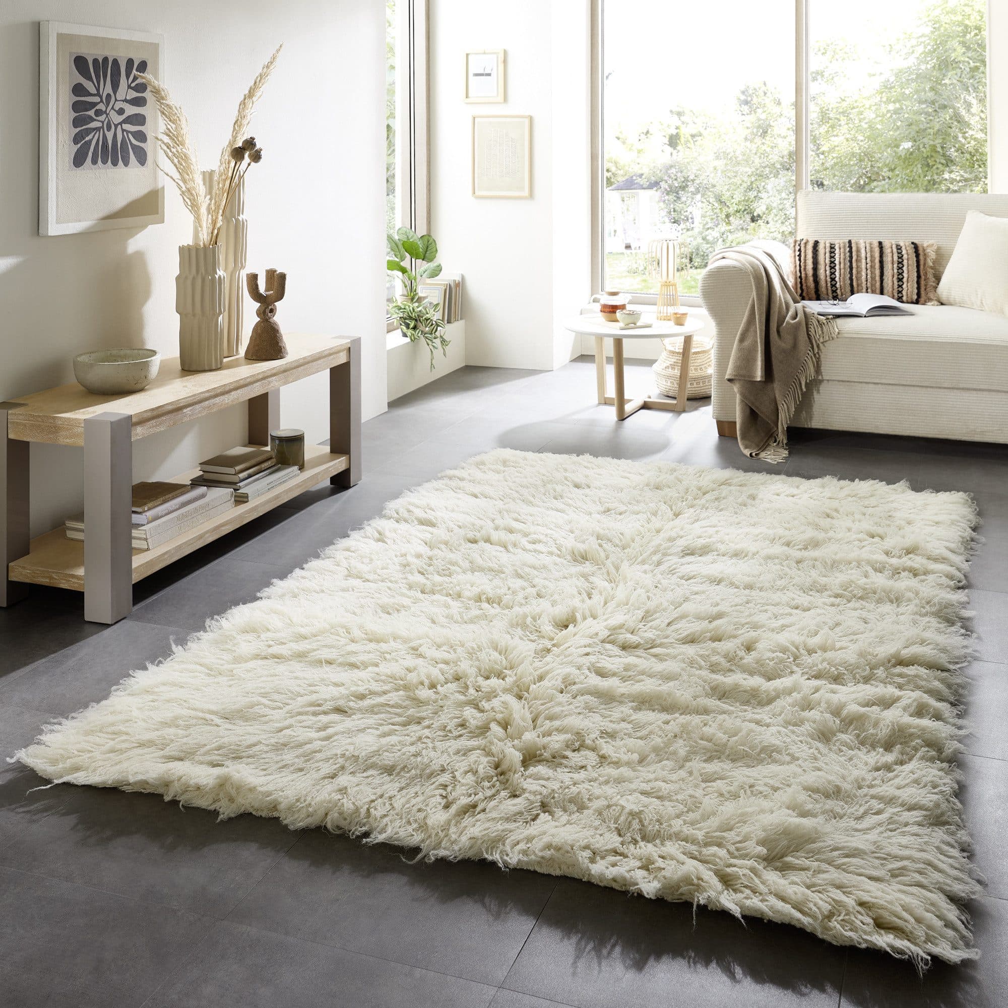 THEKO Wollteppich Flokos 2 Uni Beige Hochflor 70x140cm - Bild 2