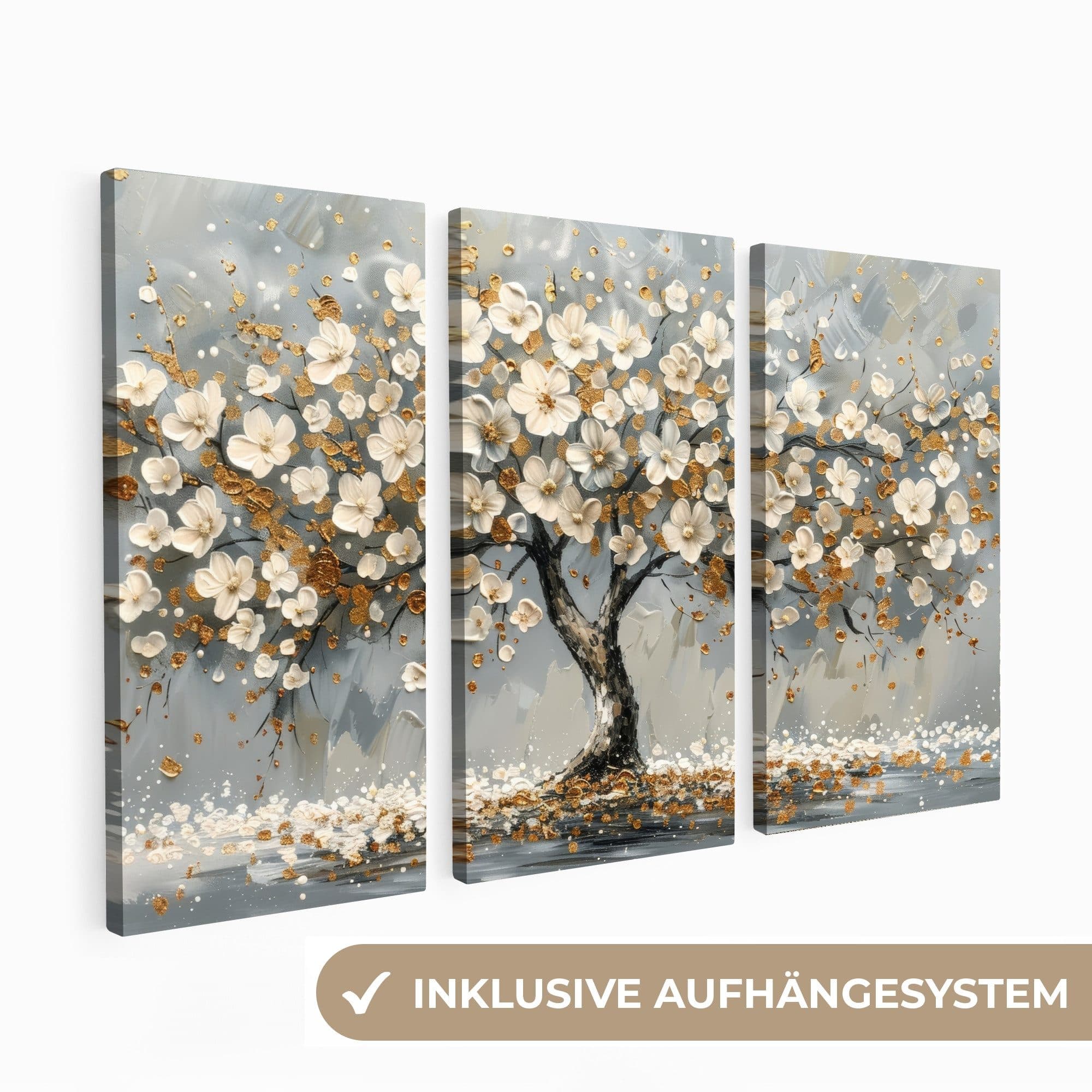 MuchoWow Leinwandbild Set Abstrakter Baum Weiß Gold 3-teilig - Bild 2