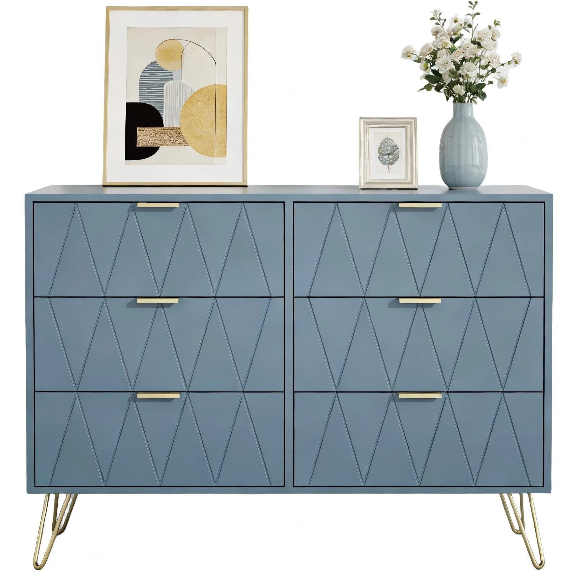UEV Kommode mit 6 Schubladen, Sideboard für Wohnzimmer Schlafzimmer 100 x 34 x 73 cm Mehrzweckschrank Graublau - Bild 2