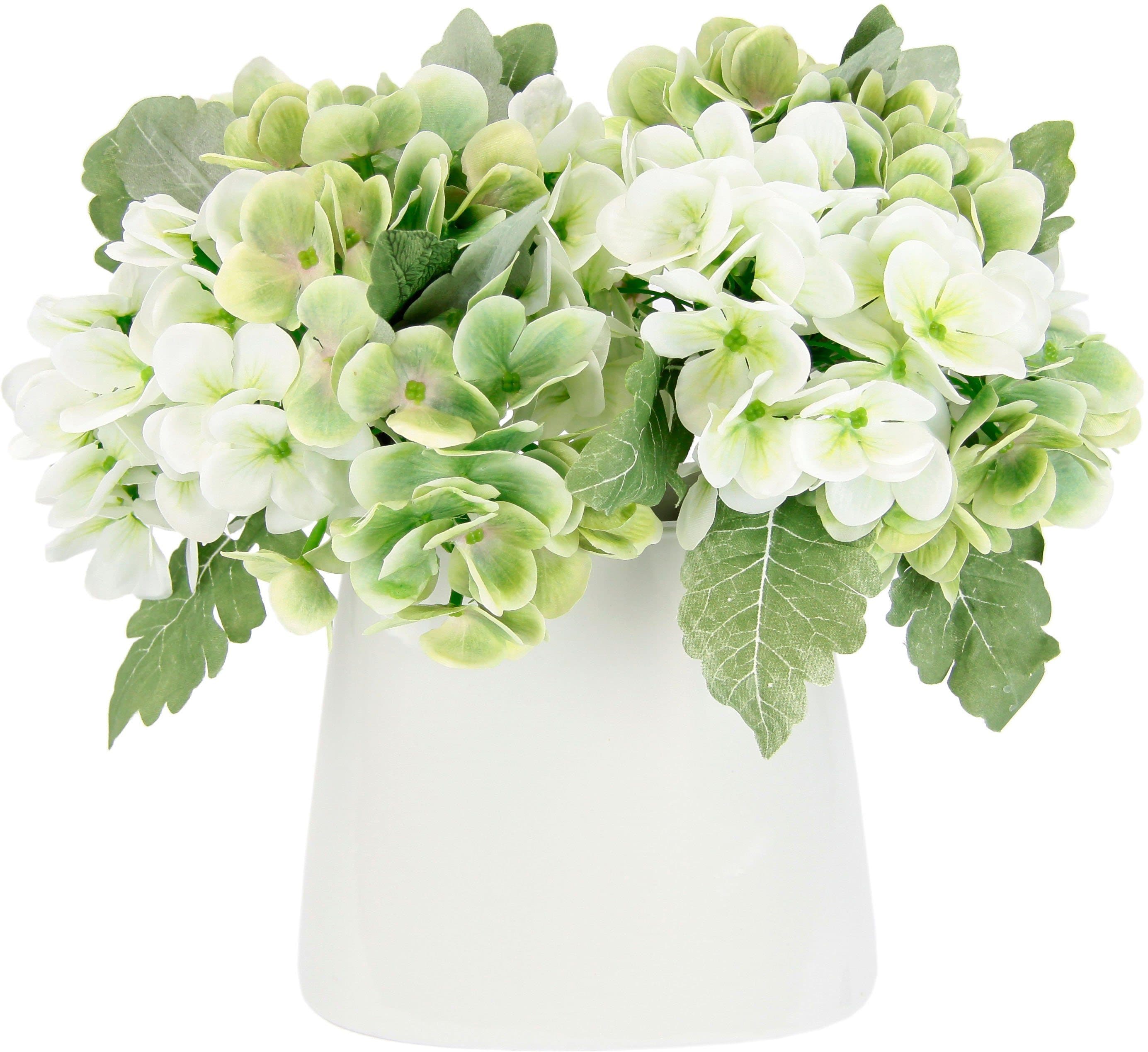 I.GE.A. Kunstblume Hortensienbusch Weiß/Grün Keramikvase