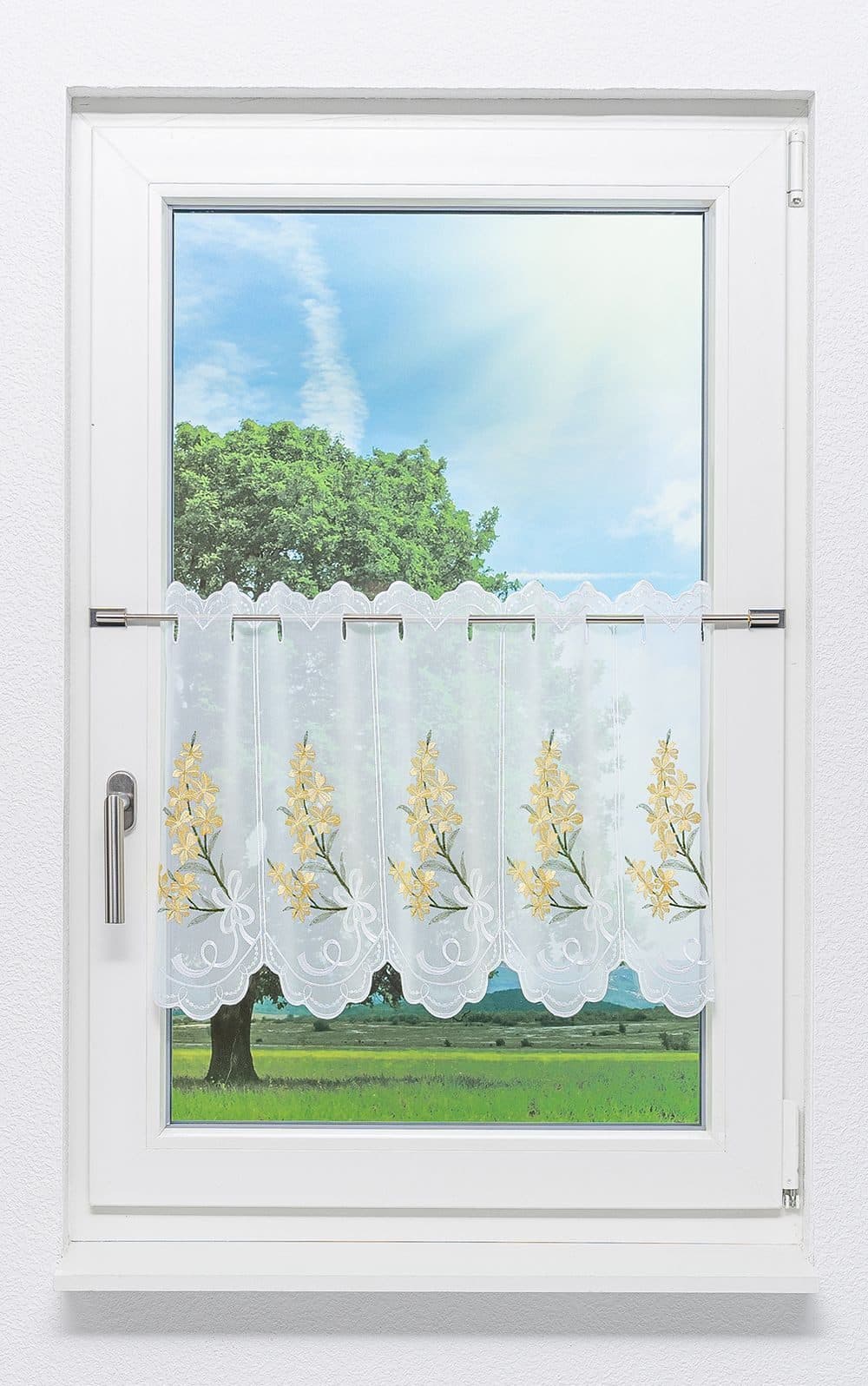 Plauener Spitze Scheibengardine Blütenträume gelb transparent - Bild 2