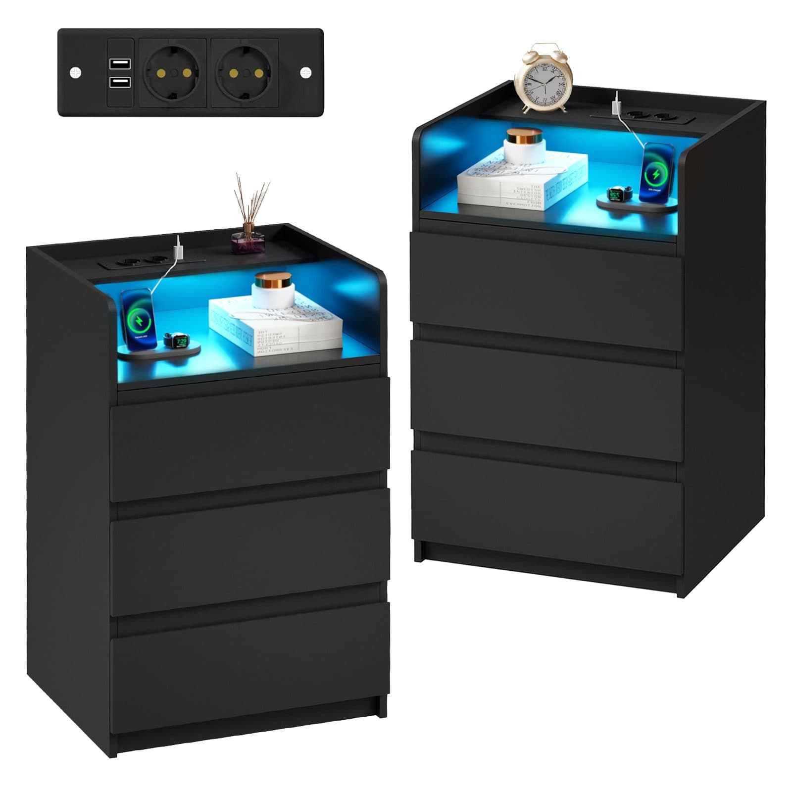 BEWISHOME Nachttisch mit LED, 2 Steckdosen, 2 USB, 2 Schubladen - Weiß/Schwarz - Bild 2
