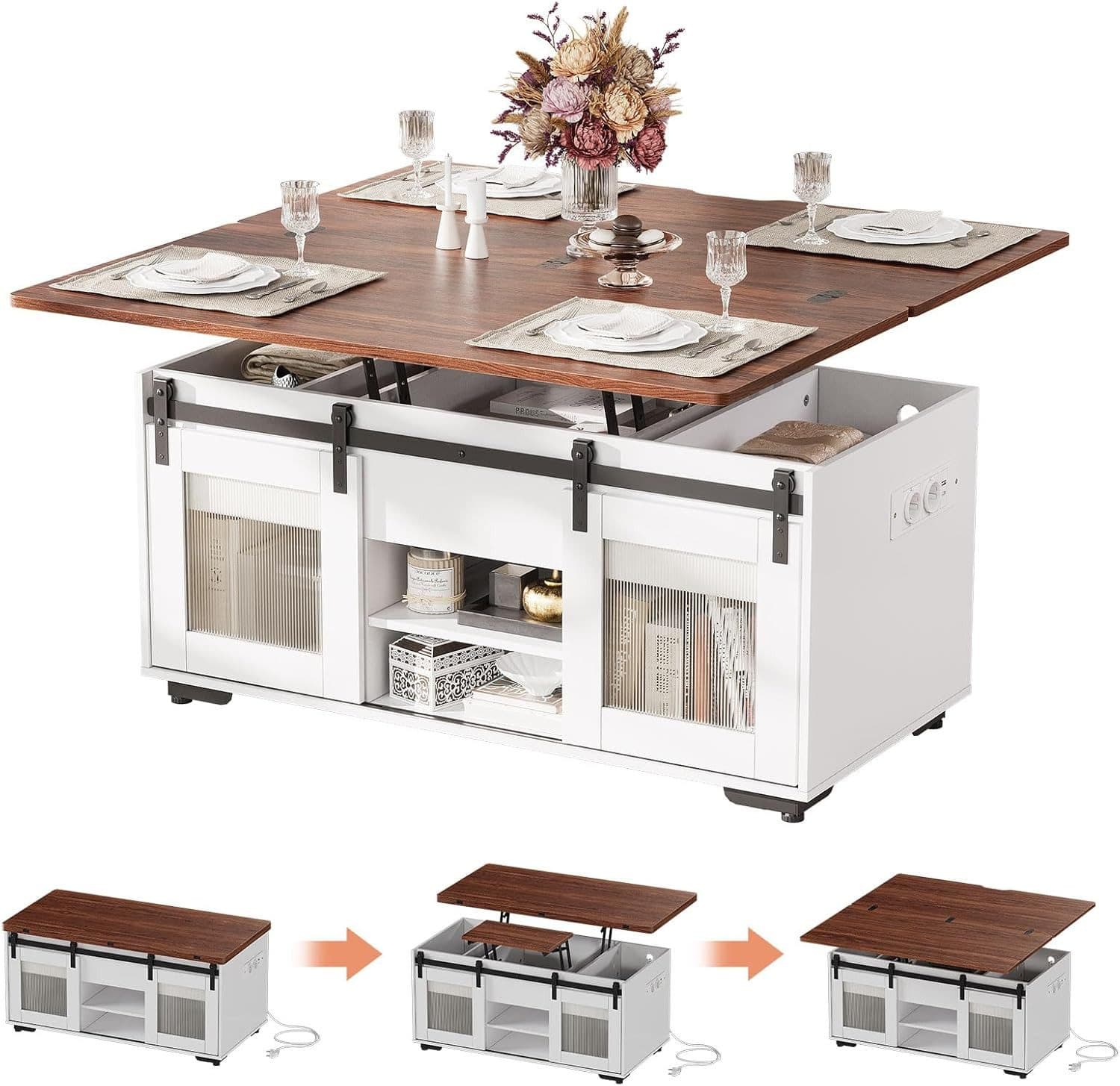 TWSOUL Couchtisch Höhenverstellbarer Couchtisch mit Steckdosen & Stauraum, 3-in-1 Wohnzimmertisch, Versteckter Stauraum,100×48 cm - Bild 2