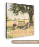 OneMillionCanvasses® Leinwandbild Landschaft mit Holzbank und Blumentöpfen Bild 2