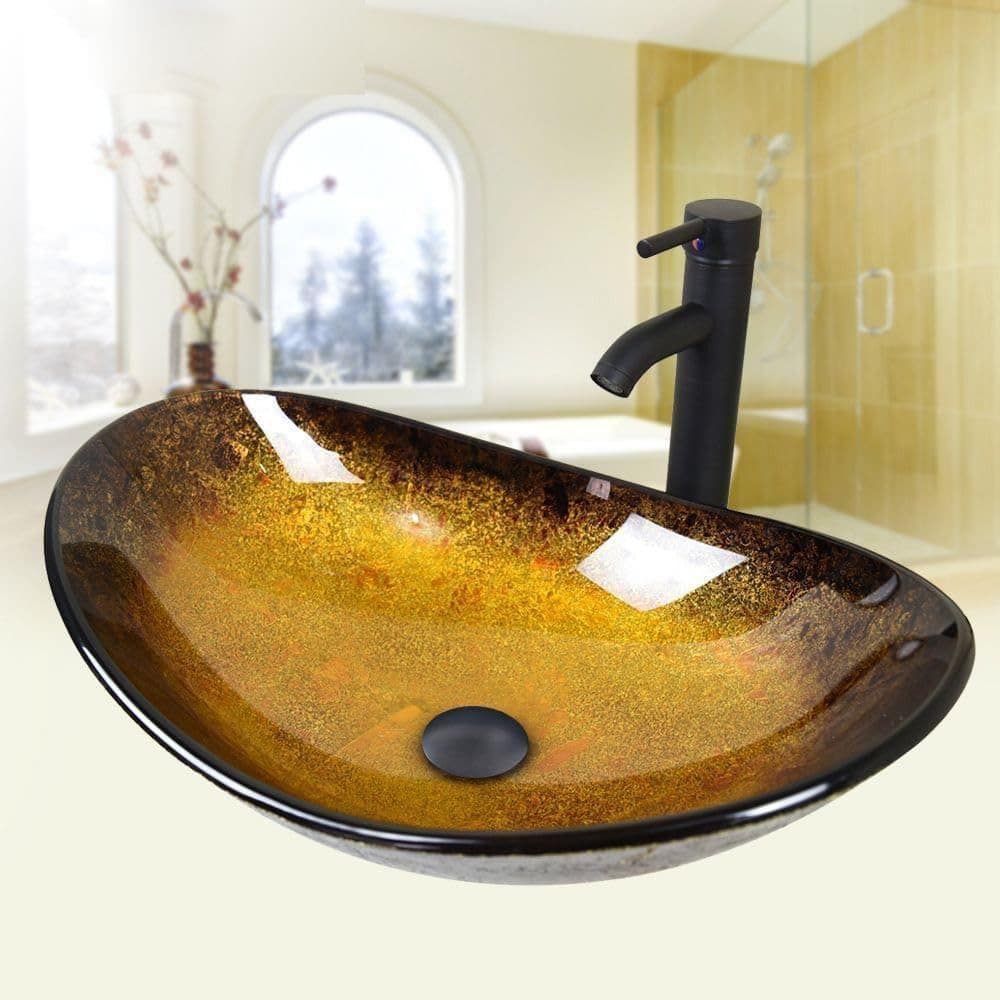Puluomis Aufsatzwaschbecken Set mit Wasserhahn Oval Glas Schwarz/Gelb - Bild 2