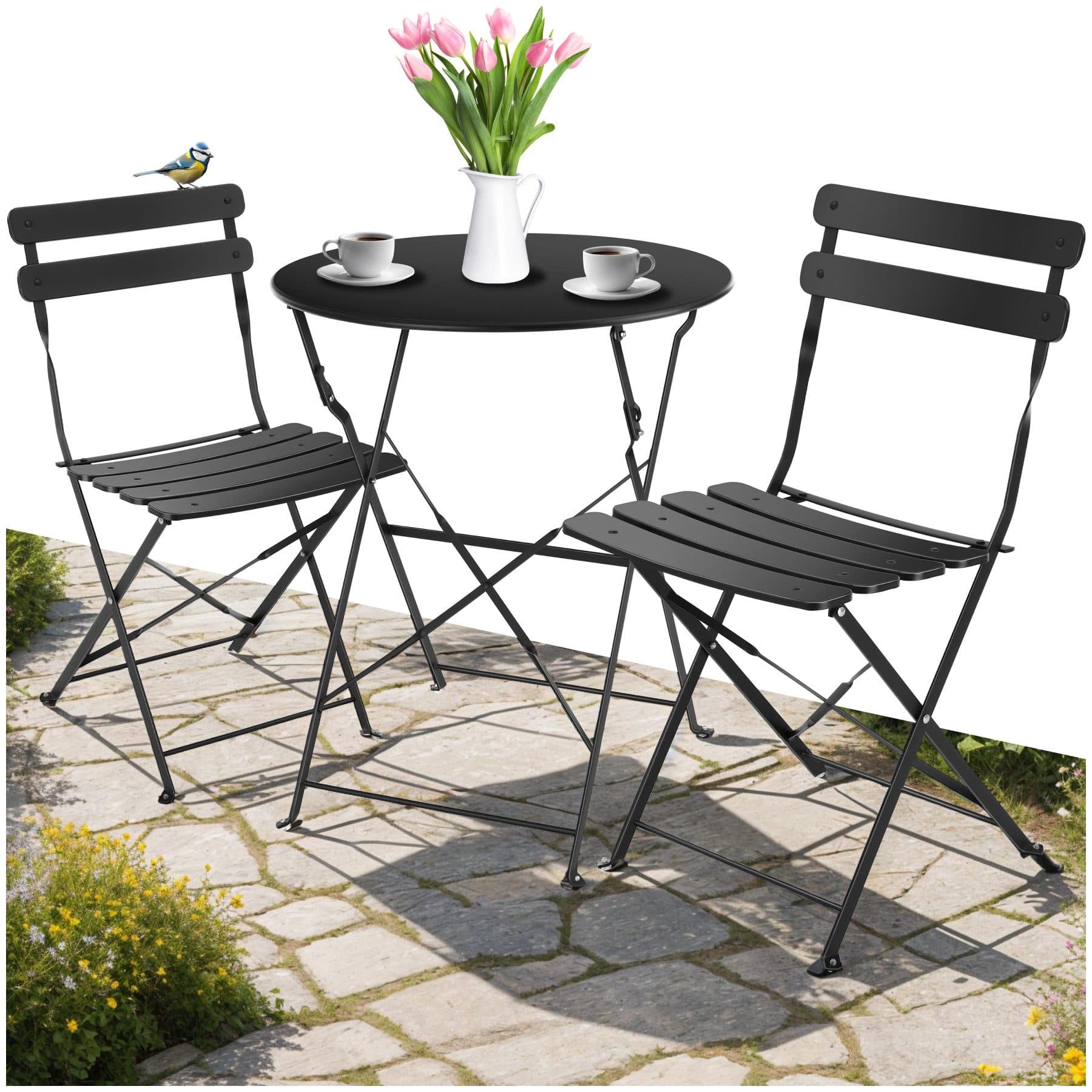 tectake Essgruppe Bistrotisch Set 3-tlg. Schwarz Pulverbeschichteter Stahl - Bild 2