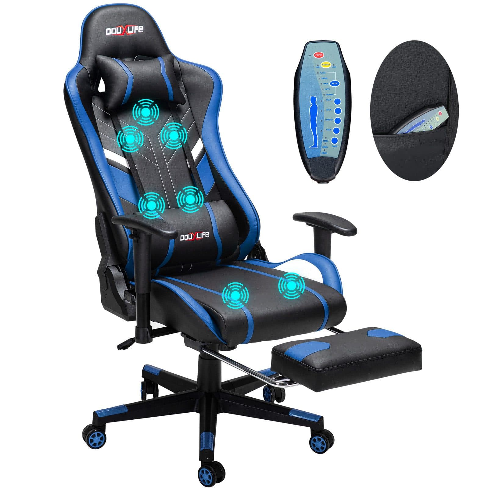 Douxlife Gaming-Stuhl Schwarz/Blau mit Massagefunktion & Fußstütze - Bild 2
