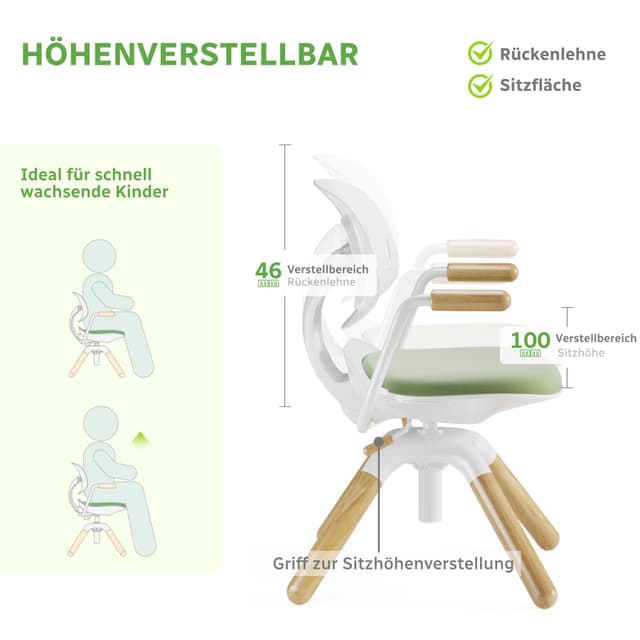 HOKO Kinderstuhl Höhenverstellbar Grün Ergonomischer Schreibtisch Stuhl