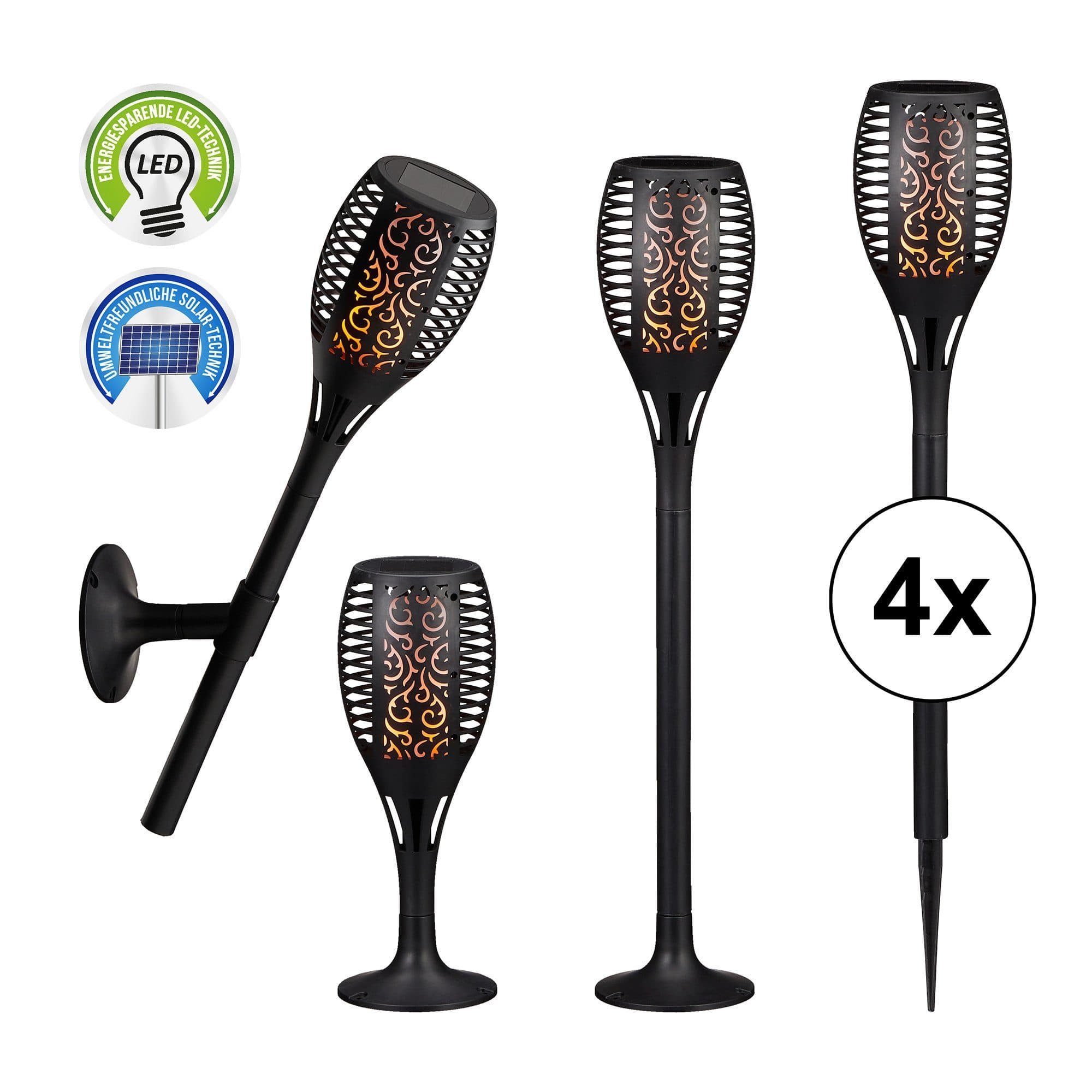 CEPEWA LED Solarleuchte 4er Set Gartenfackel Schwarz Flammenflackern