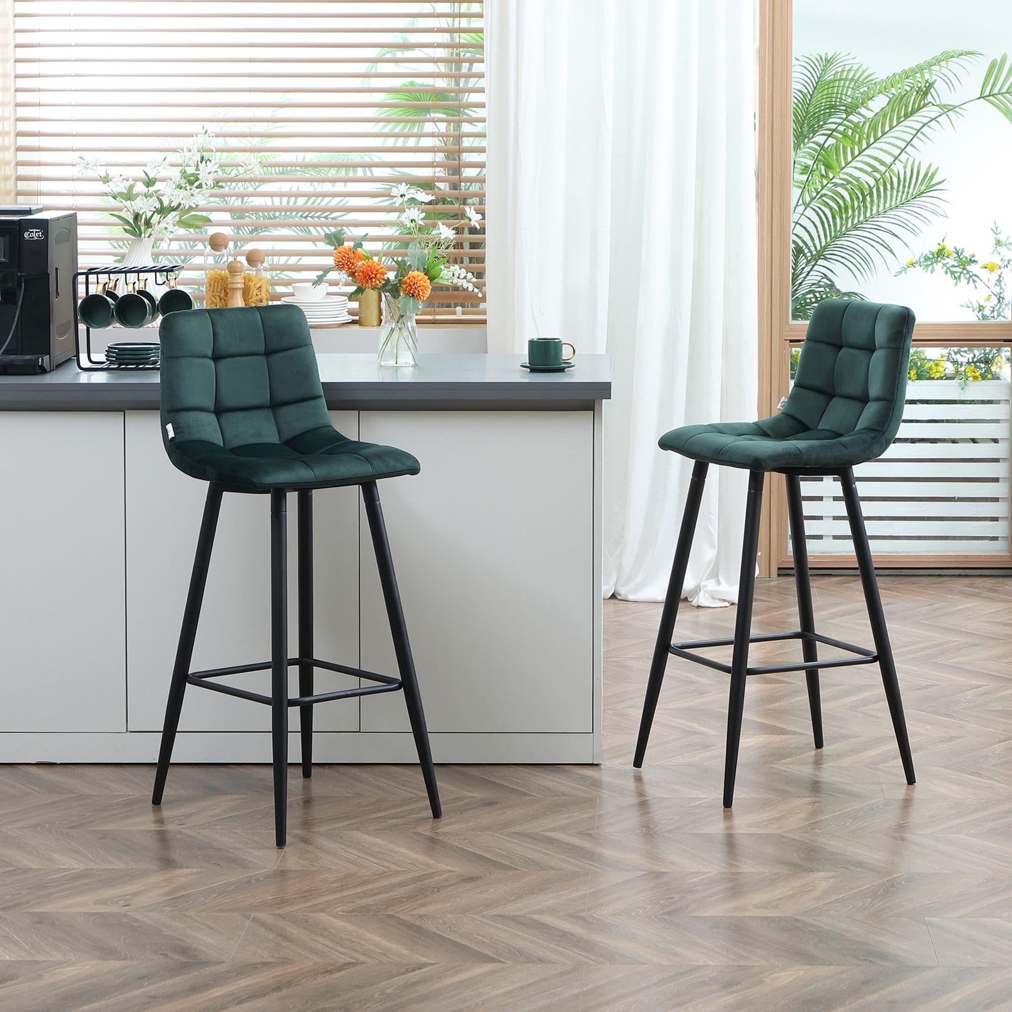 HOMCOM Barhocker mit Rückenlehne 2er-Set Grün Samtoptik - Bild 2