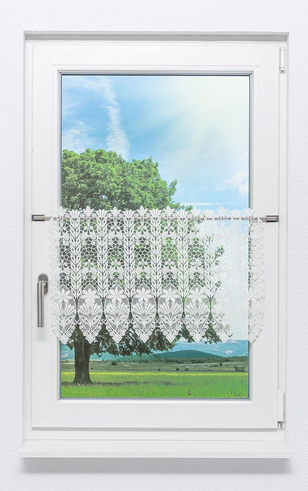 Plauener Spitze® Scheibengardine Blütenmedaillon Weiß Transparent - Bild 2