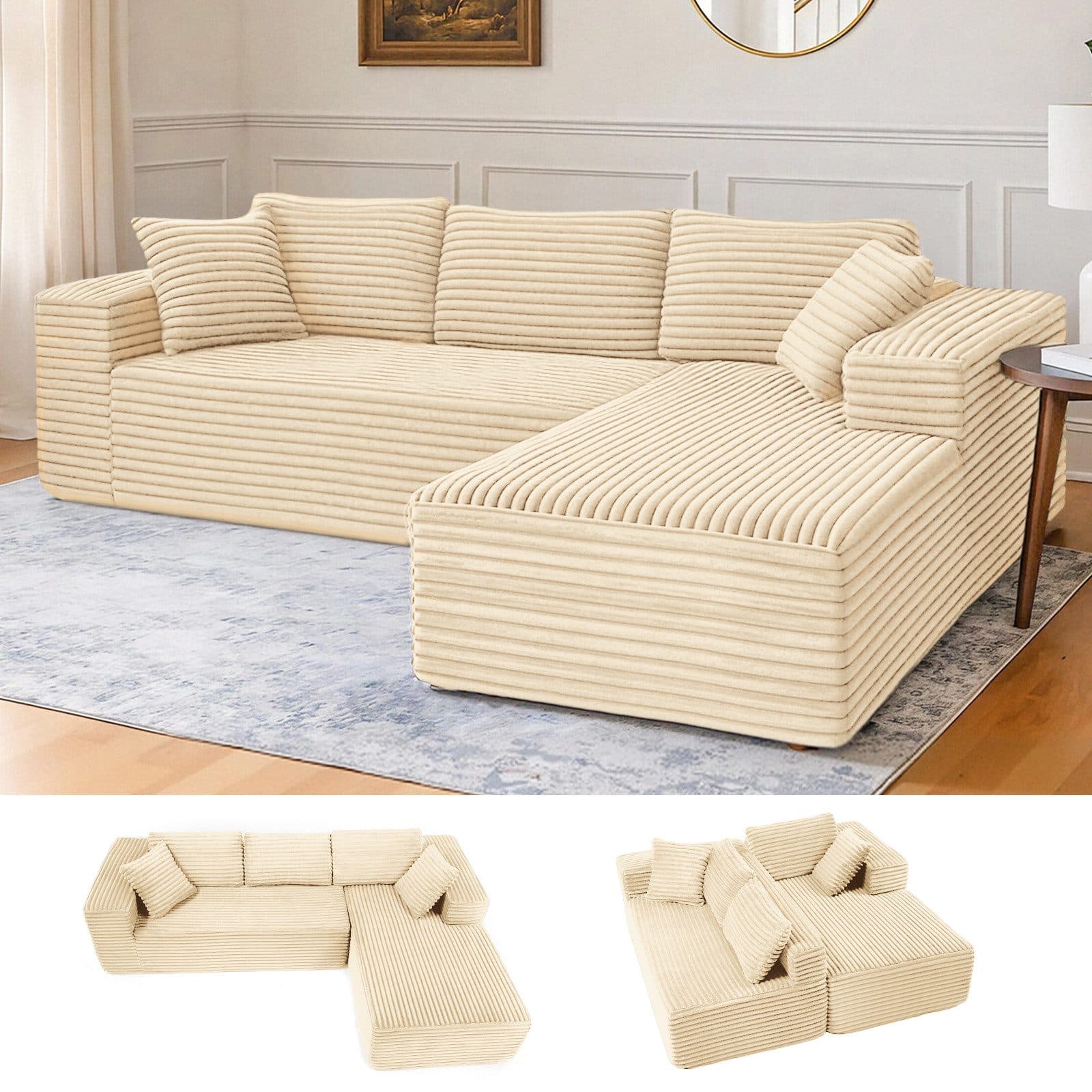 COMHOMA Big-Sofa L-förmig Beige Cordstoff Schlafsofa - Bild 2