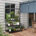 Outsunny Pflanzentreppe Pflanzenständer Blumenständer mit 3 Ebenen, 6 Haken, Schwarz Bild 2
