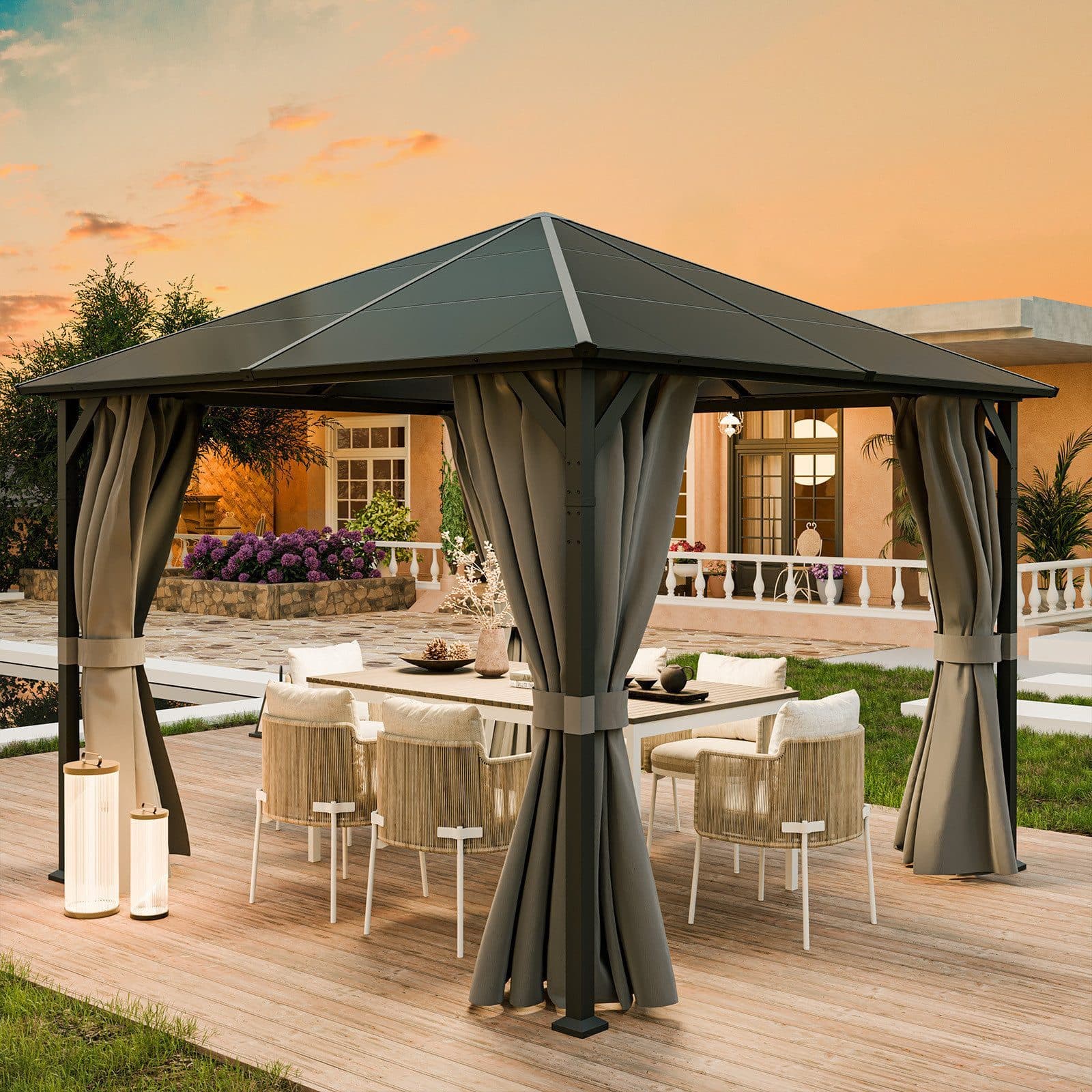 UDPATIO Pavillon Polycarbonat Grau mit Vorhängen wasserdicht - Bild 2