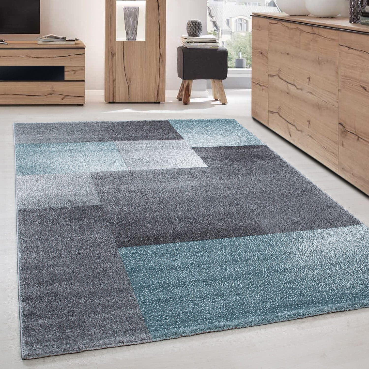 Carpettex Frisé-Teppich Kariert Design Blau Kurzflor Läufer Modern - Bild 2