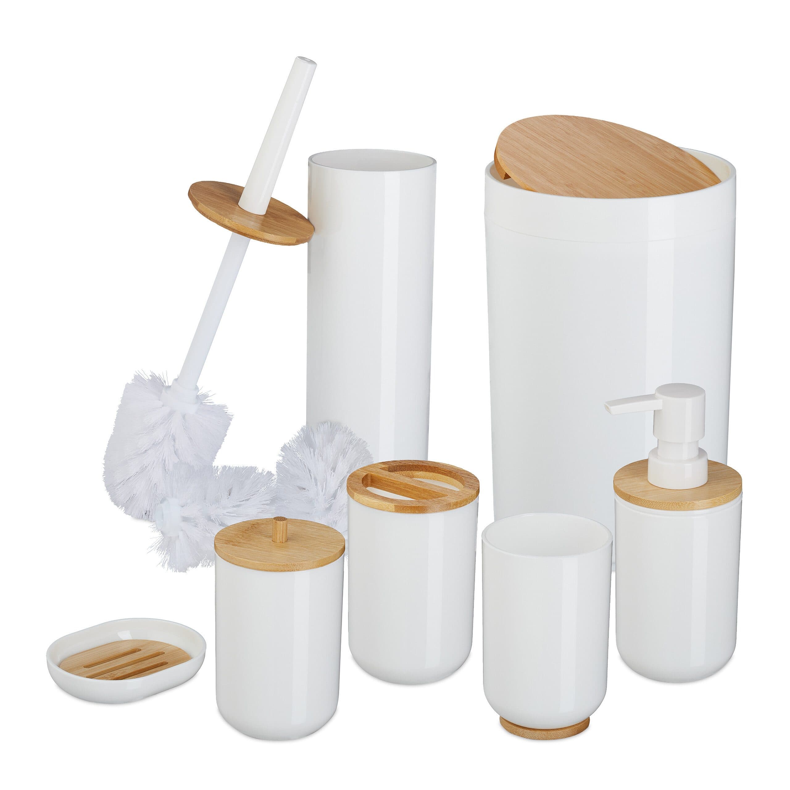 relaxdays Badaccessoire-Set 7-teilig Weiß/Braun Kunststoff Bambus - Bild 2