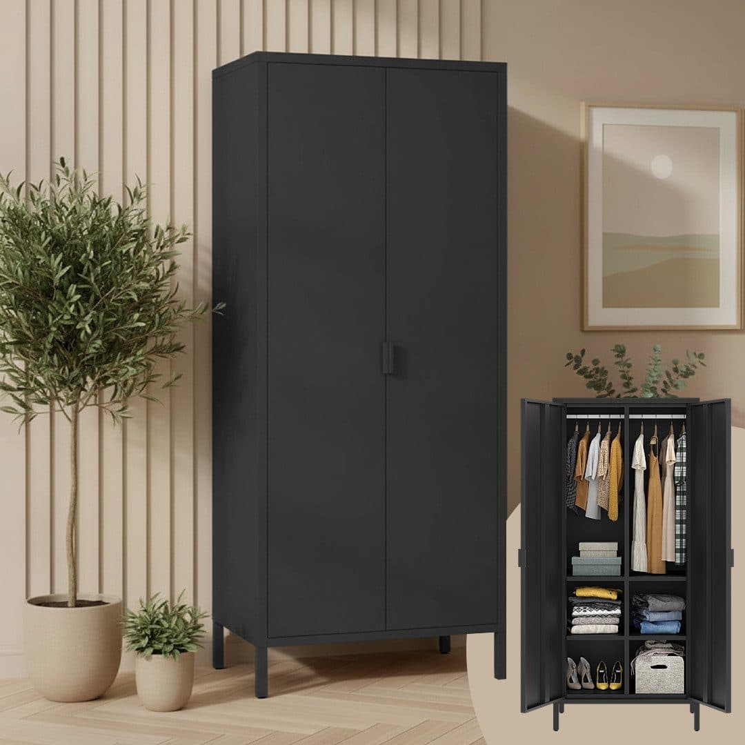 skølm Kleiderschrank Ituri Metall Schwarz 6 Fächer 2 Kleiderstangen - Bild 2