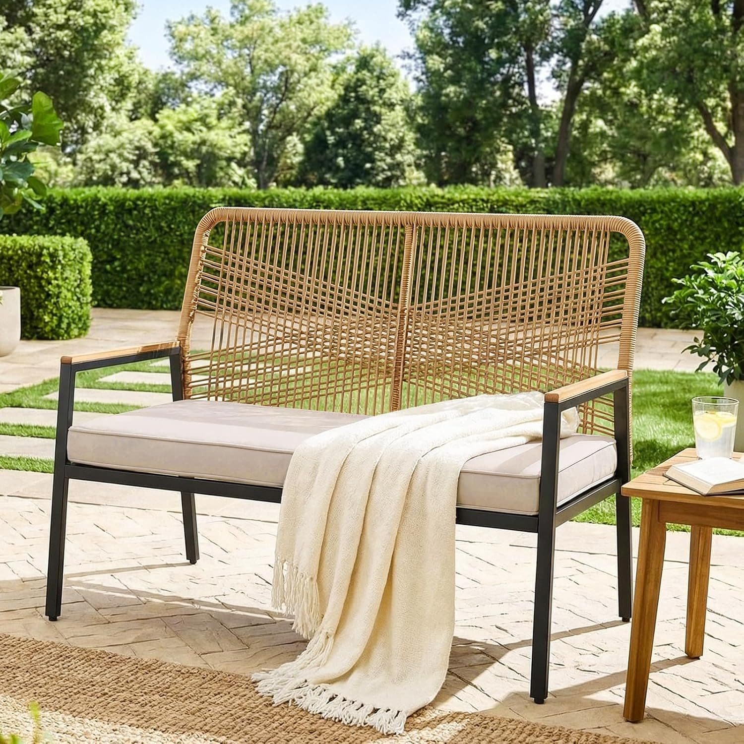 TLGREEN Gartenbank Rattan 2-Sitzer Beige mit Kissen - Bild 2