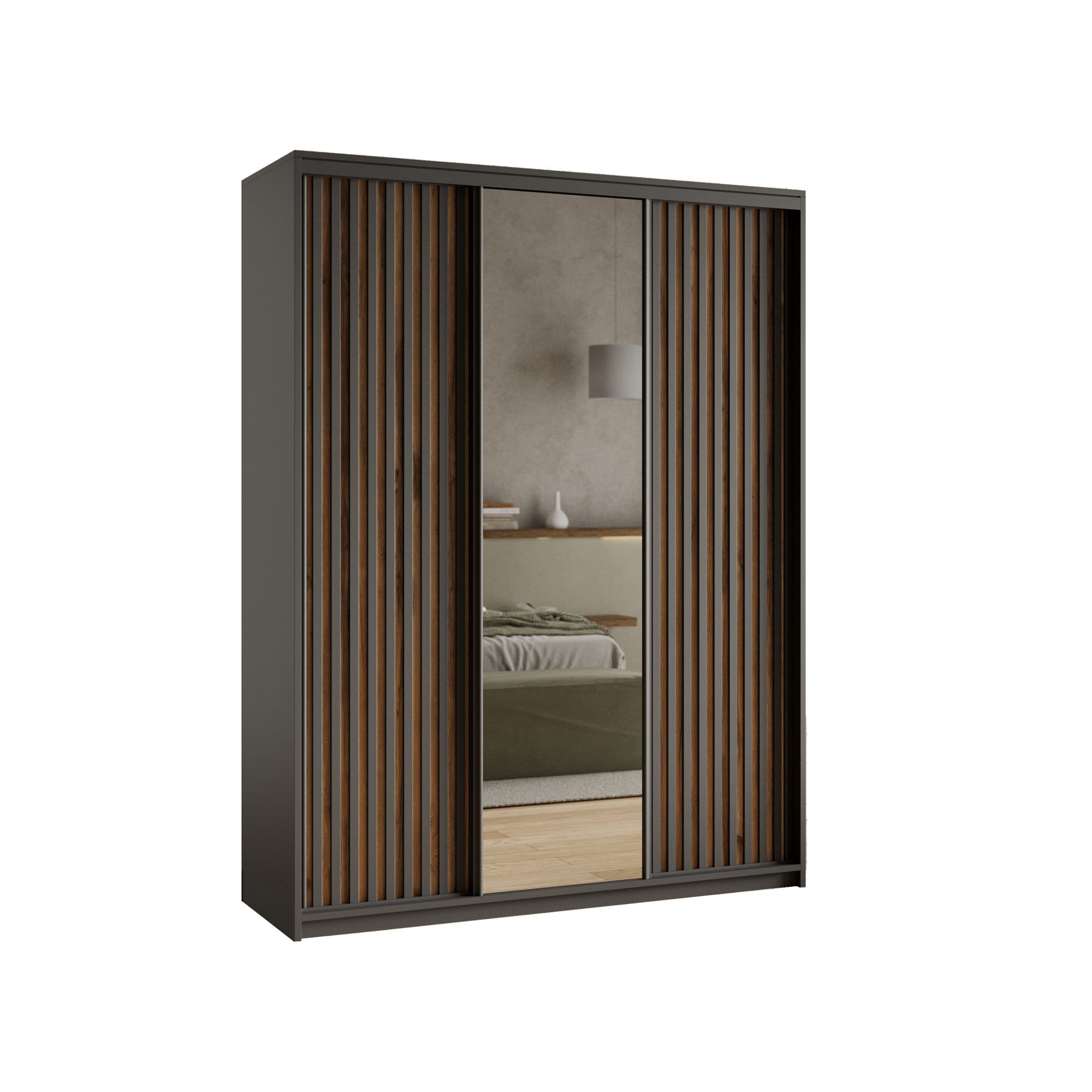 Masseno Schwebetürenschrank ORRA mit Spiegel und Schubladen Schwarz Eiche - Bild 2