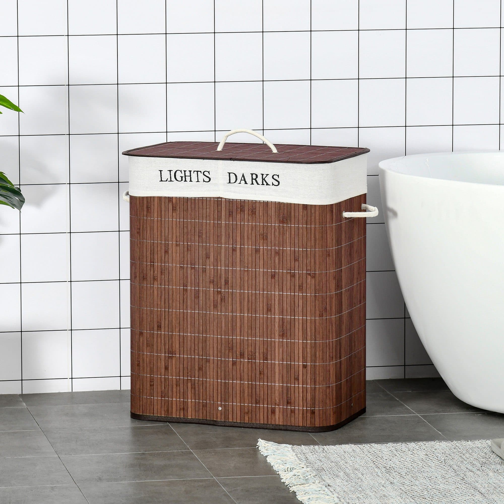 HOMCOM Wäschekorb 100L 2 Fächer Braun Weiß Bambus Metall - Bild 2