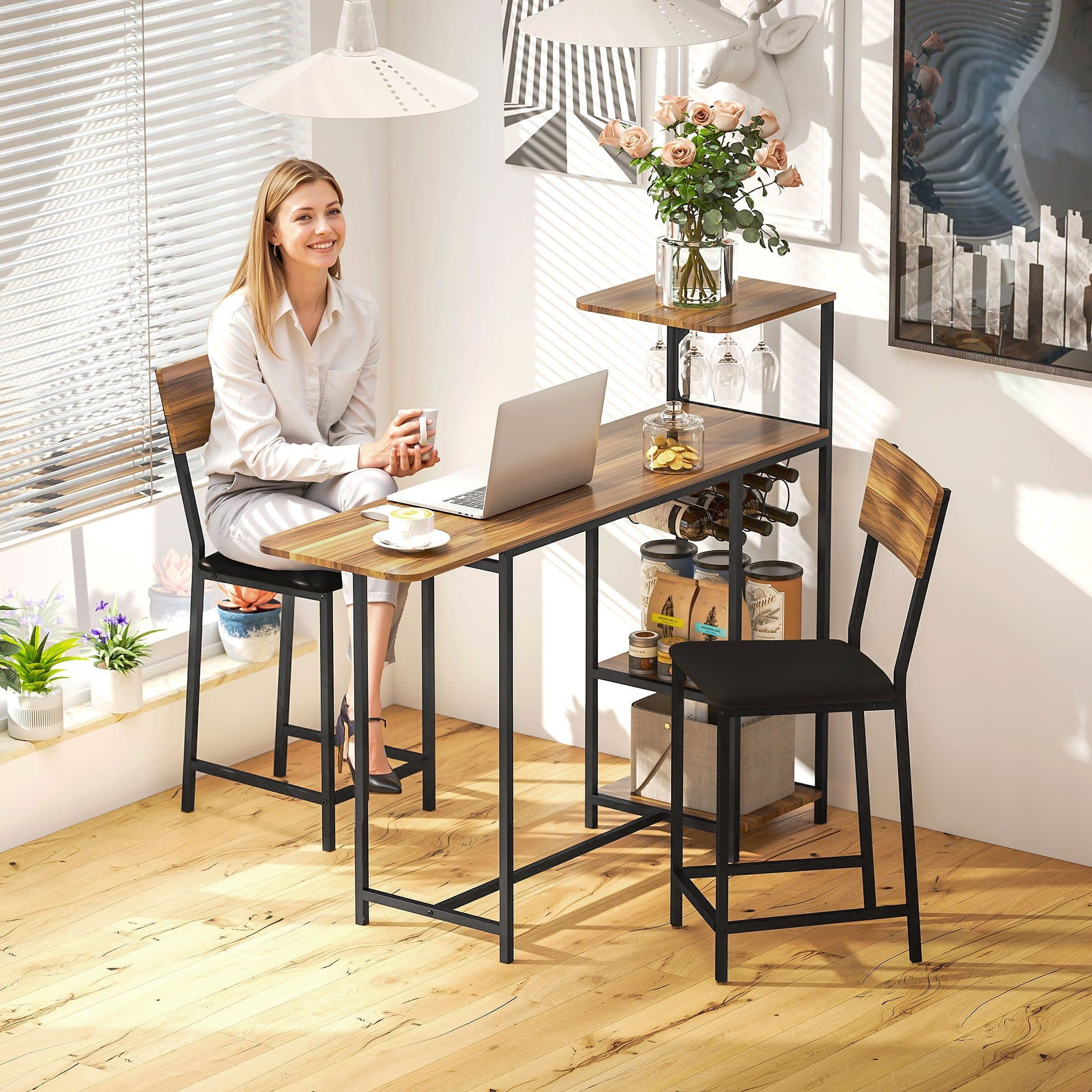 HOMCOM Bartisch-Set mit klappbarem Tisch und 2 Barhockern Braun - Bild 2