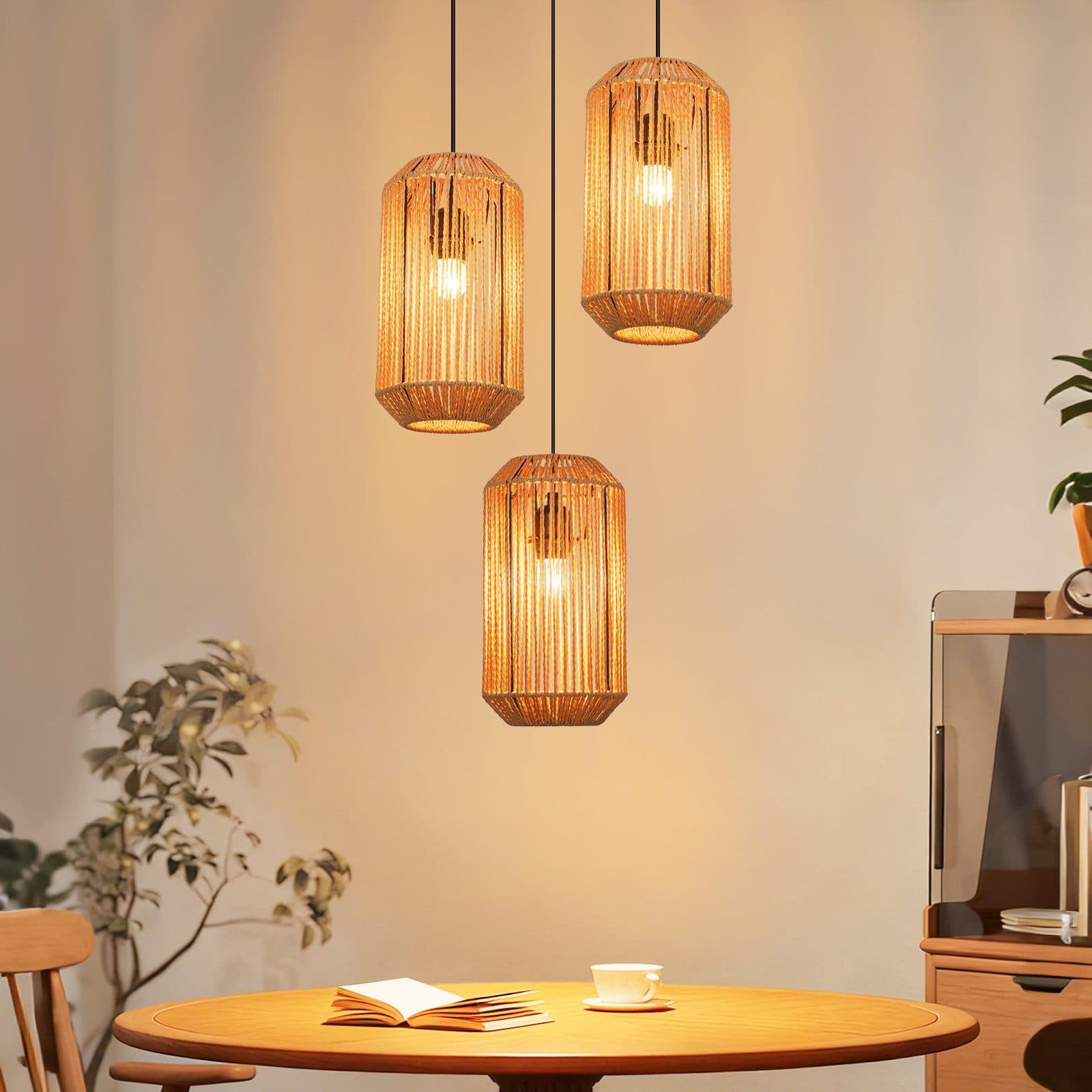 Nettlife Pendelleuchte Rattan 3-flammig Schwarz Beige Boho Höhenverstellbar - Bild 2