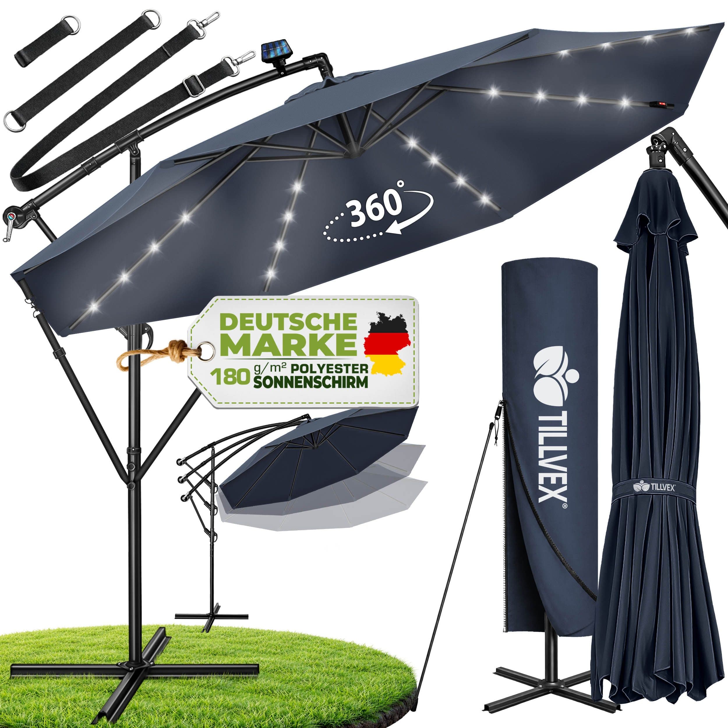 tillvex Sonnenschirm LED Solar 3m Ampelschirm Blau Aluminium - Bild 2